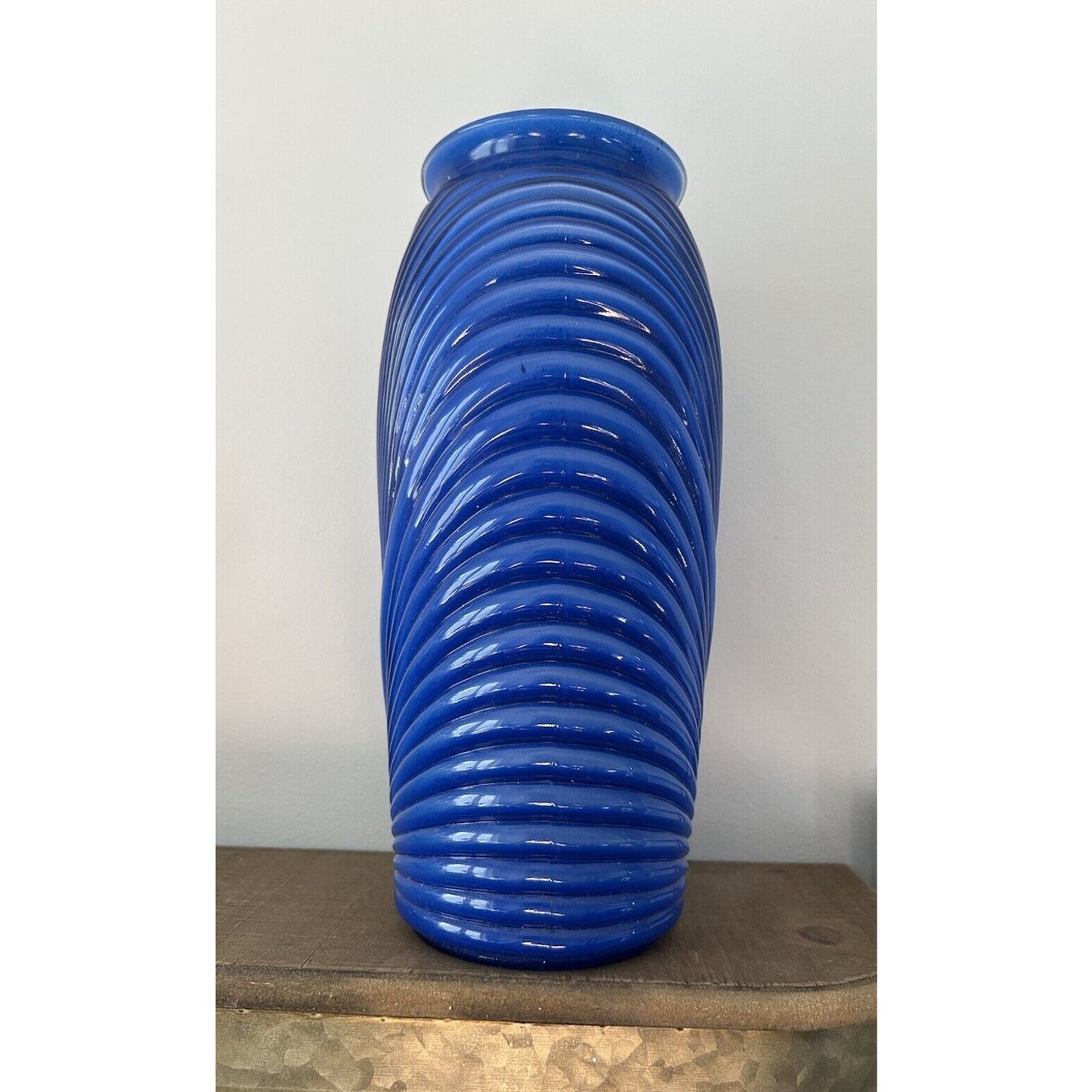 Art Deco Draped Ribbed Pleated Royal Cobalt Blue Glass Vase Vintage Iridescent