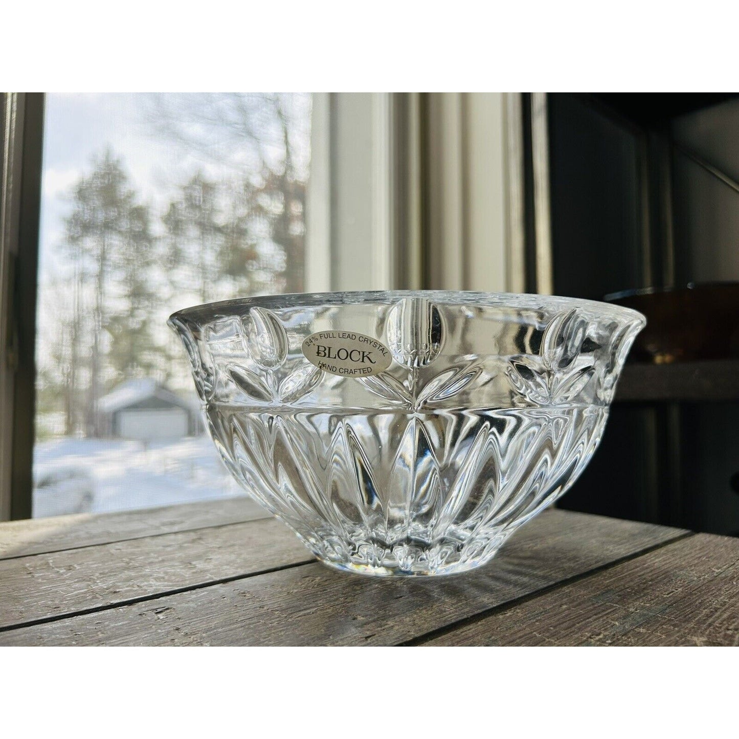 BLOCK 24% Lead Crystal Tulip 9” Glass Serving Bowl Dish Vintage Clear Flowers