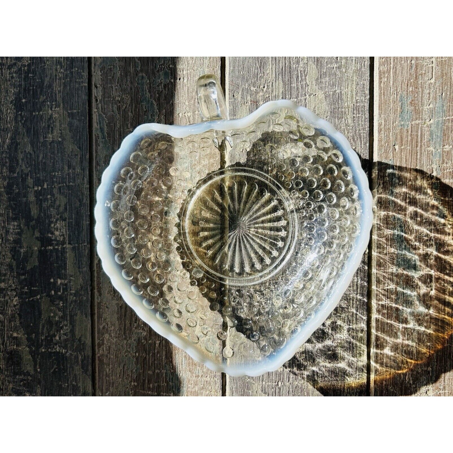 Heart Serving Dish Anchor Hocking Moonstone Opalescent Hobnail Ruffle Rim Handle