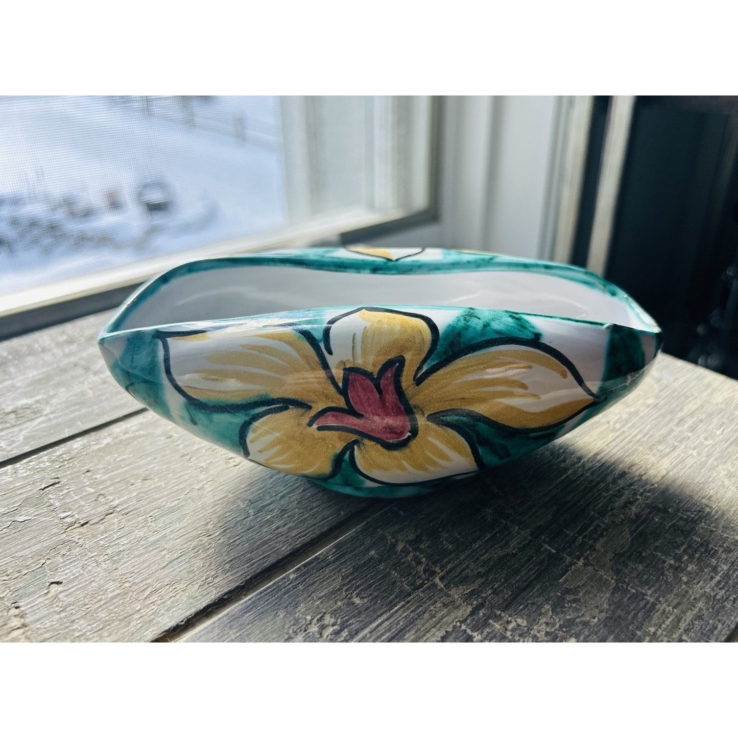 Vintage Hand Painted M.N Ceramic Floral Dish Italy 82/5 Folded Bowl Planter