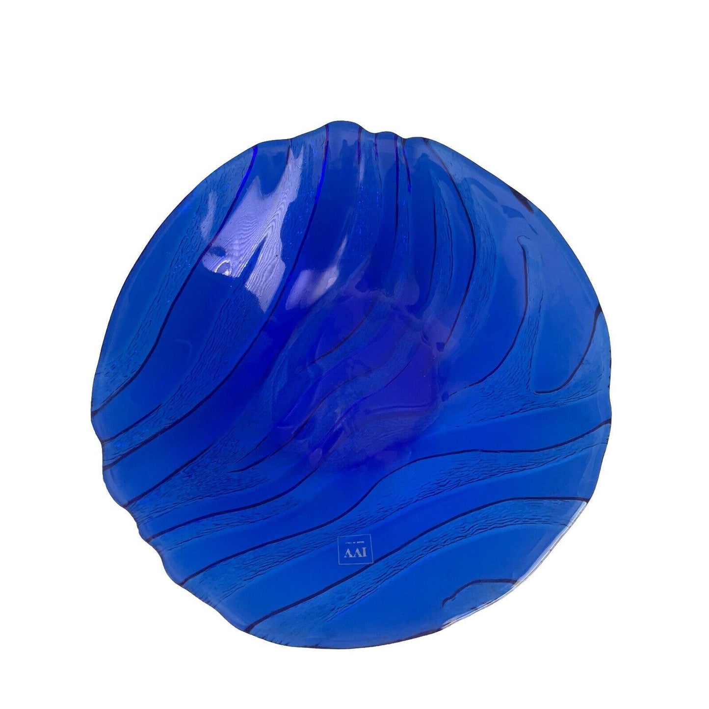 IVV Italy Cobalt Blue Glass Serving Bowl Textured Wave Pattern Vintage Art Deco