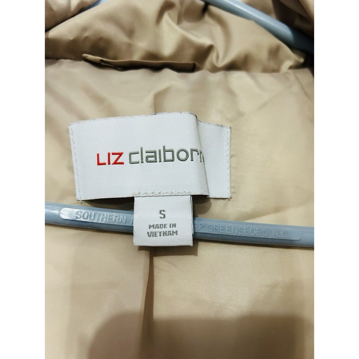 Liz Claiborne Puffer Jacket Long Coat Size Small (S) Tan Beige MSRP $180 Stretch