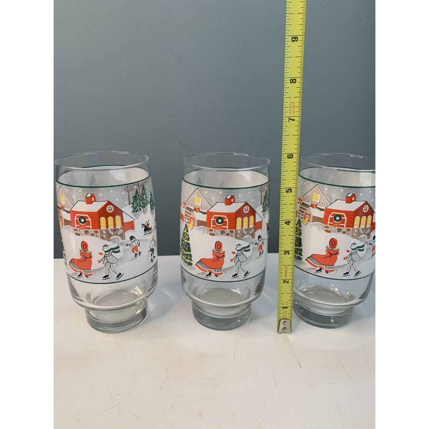 Sango Set of 3 Silent Night Christmas Glass Tumblers Joan Luntz 6” 16 oz Vintage