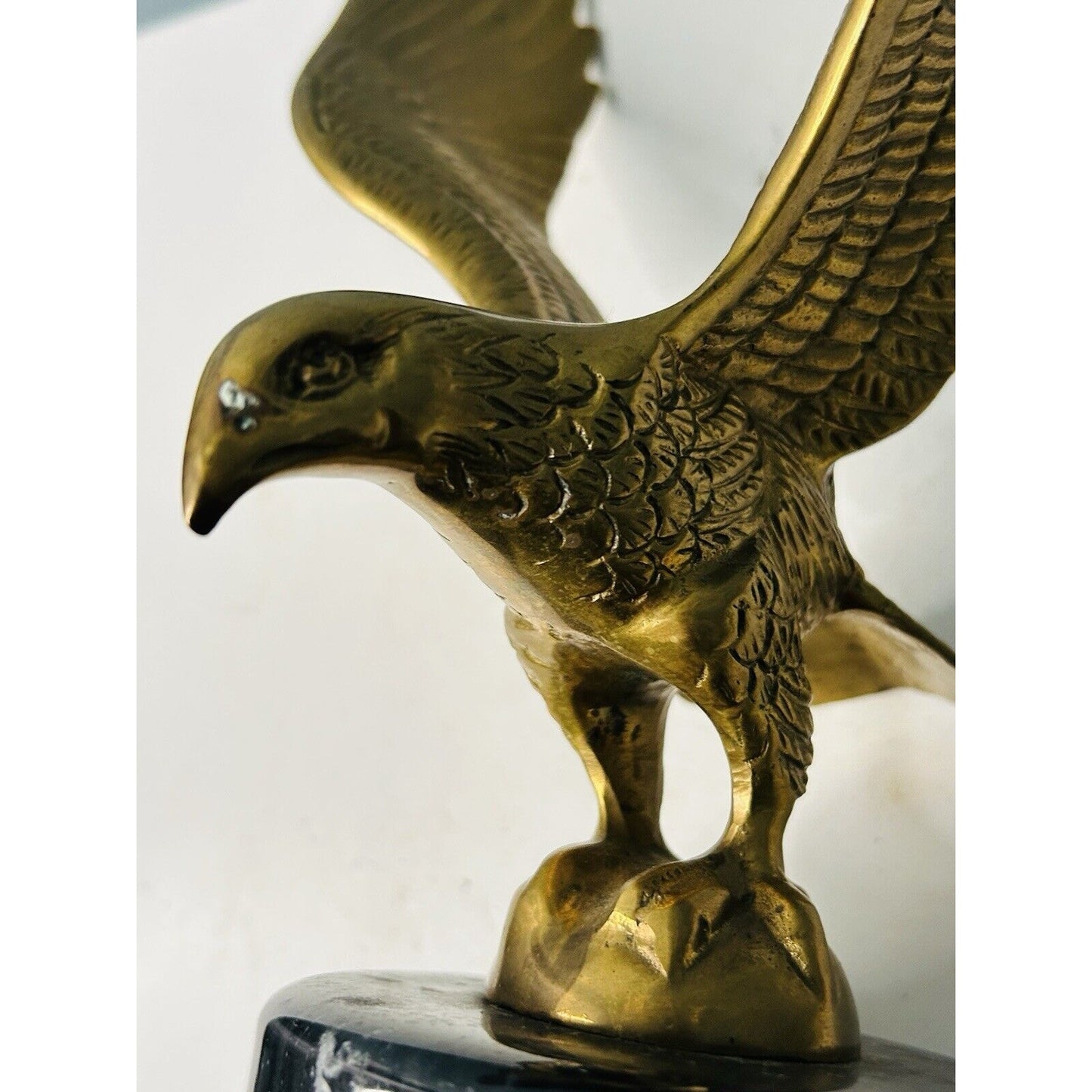 Vintage Solid Brass 10” American Bald Eagle Statue Flying Black Marble Base