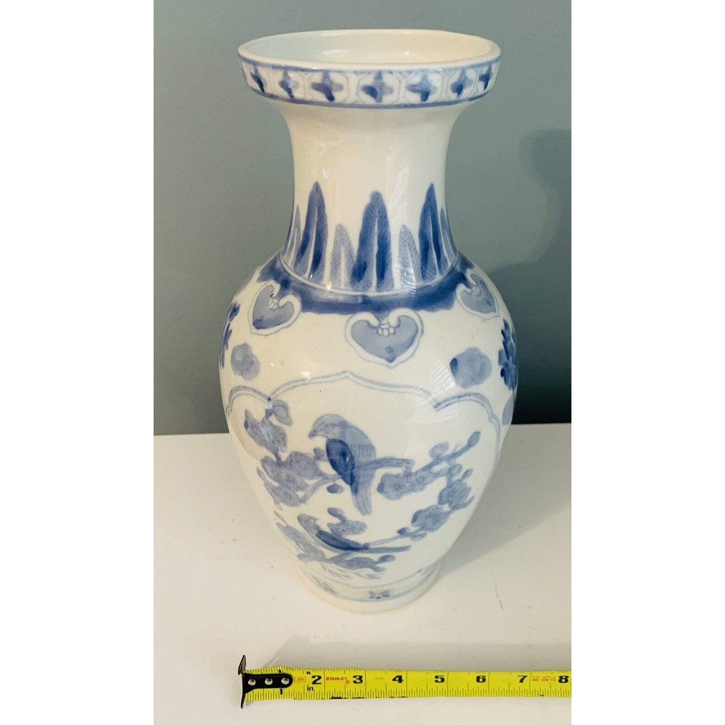 14" Blue White Large Vase Porcelain Vintage Birds Flowers Hand Painted Asian