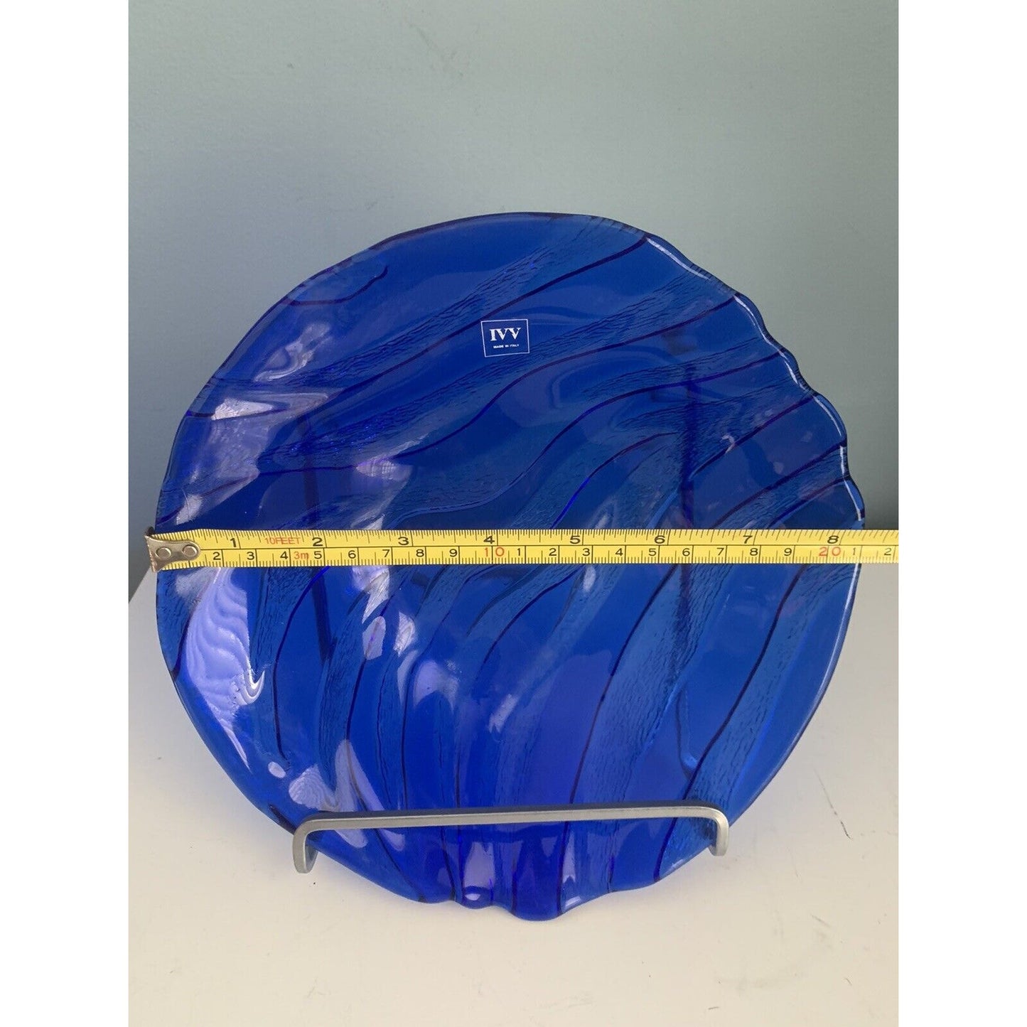 IVV Italy Cobalt Blue Glass Serving Bowl Textured Wave Pattern Vintage Art Deco