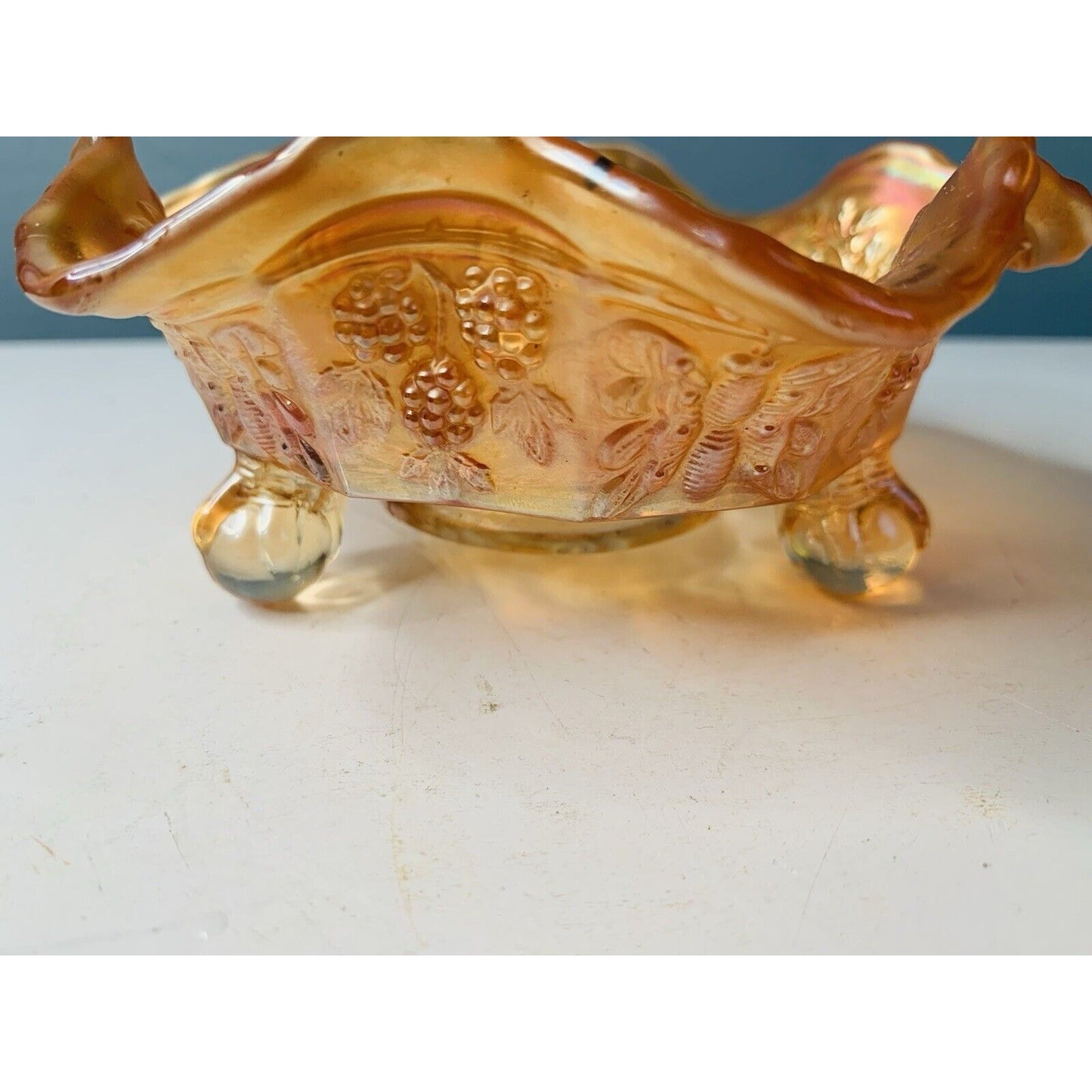 Antique Carnival Glass Fenton Panthers Marigold Ruffled Berry Bowl 1914 3-Footed