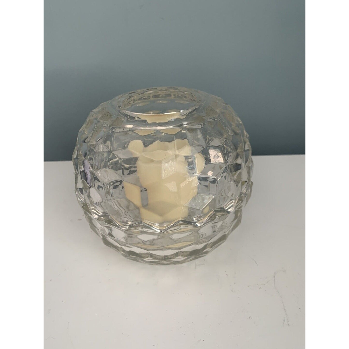 Vintage Homco Fostoria Fairy Lamp Diamond Light Clear Glass Round Candle Holder