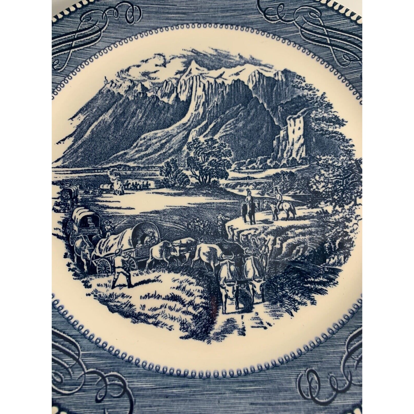 Currier & Ives Cake Plate Blue White Royal The Rocky Mountains Underglaze Print