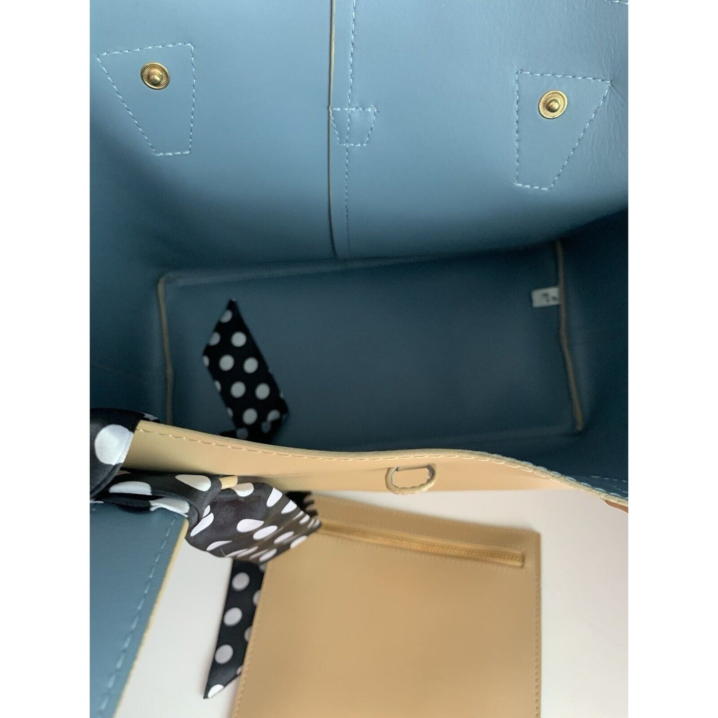 Barneys New York Leather Purse Beige Tote Bag Light Blue Interior Soft Leather