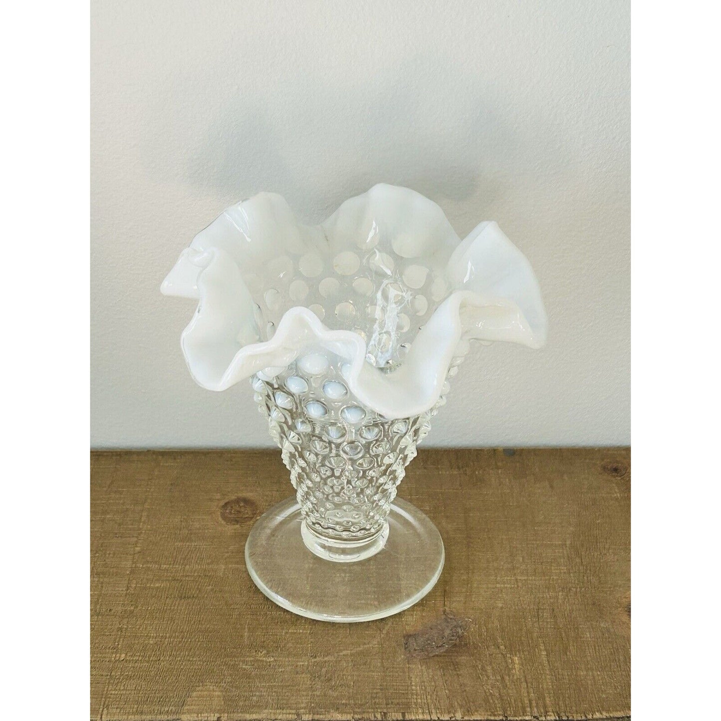 Vintage Fenton Moonstone Opalescent Hobnail Tapered Ruffle Glass Vase White Trim