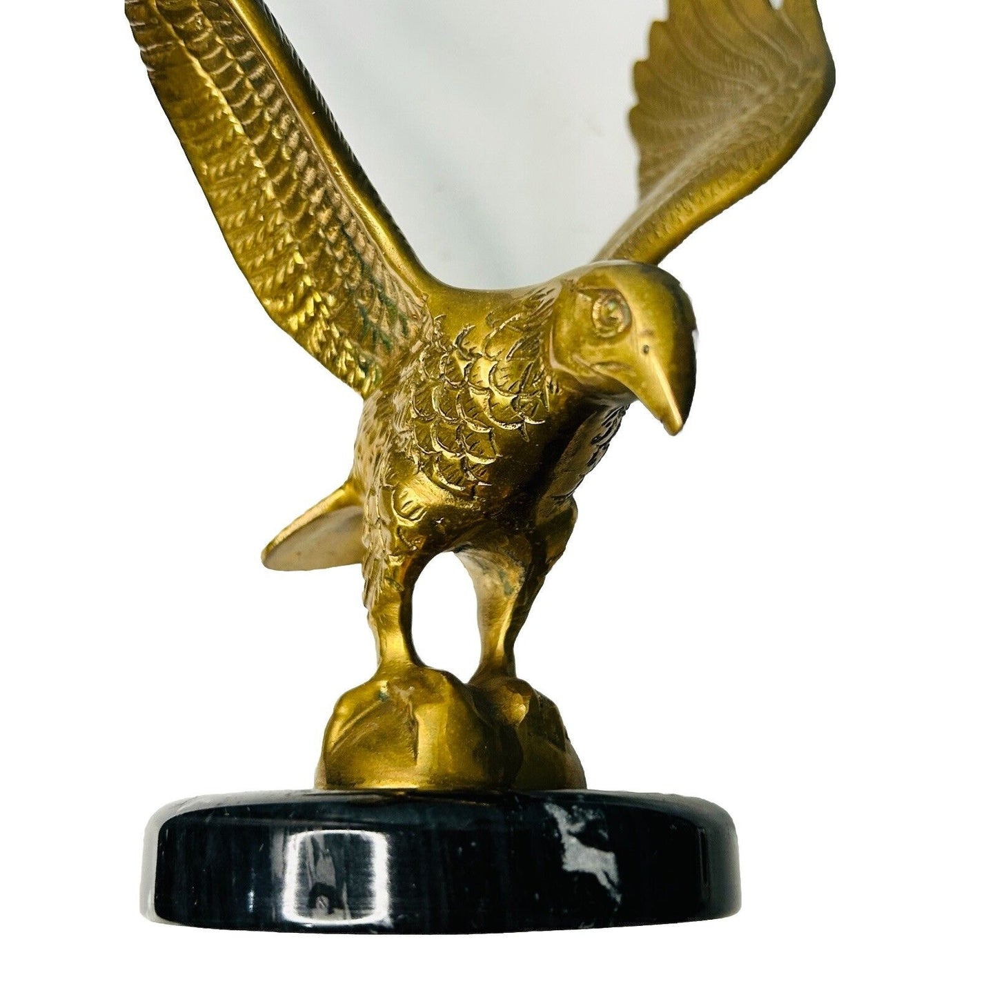 Vintage Solid Brass 10” American Bald Eagle Statue Flying Black Marble Base