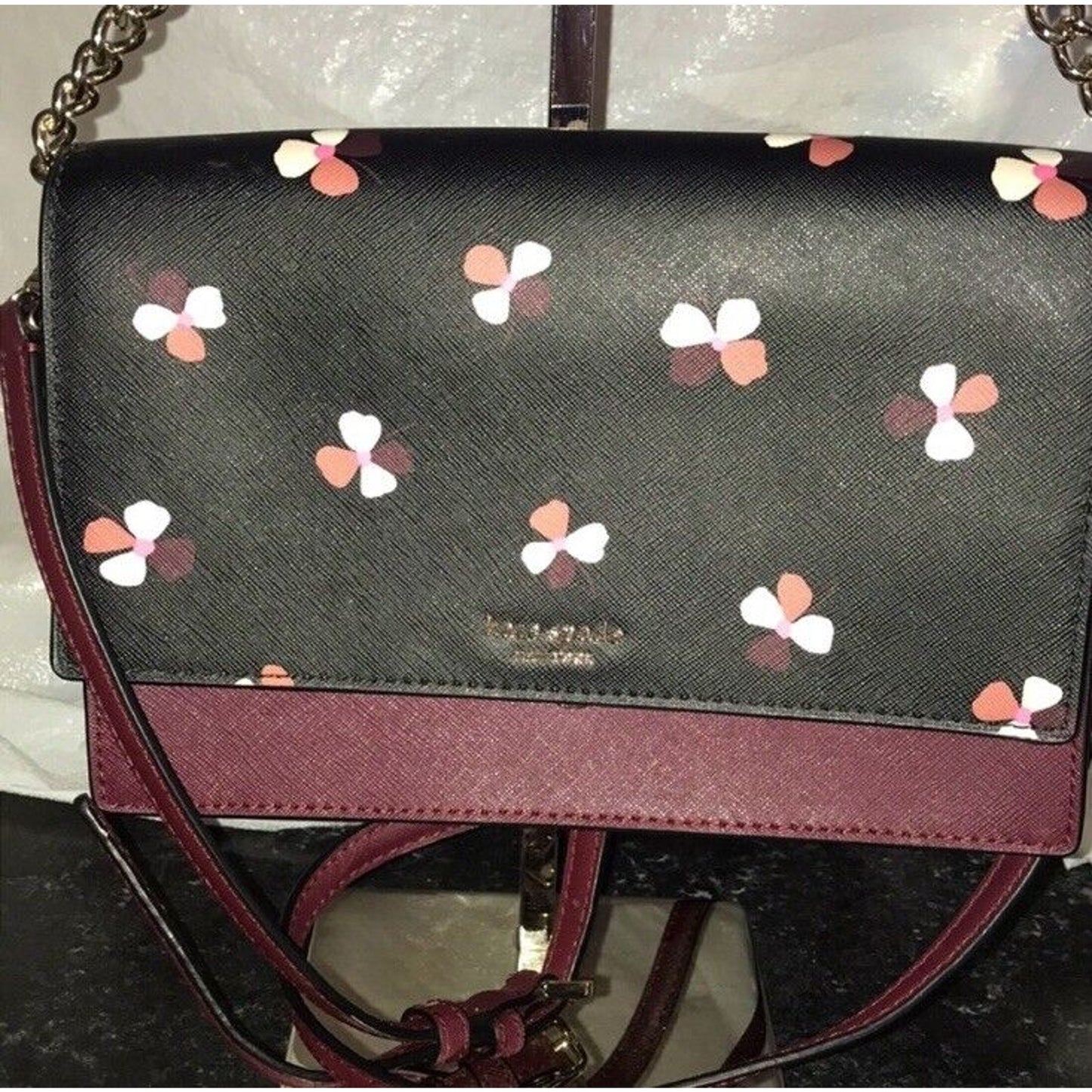 New Kate Spade Floral Print Saffiano Leather Crossbody Bag Purple Black