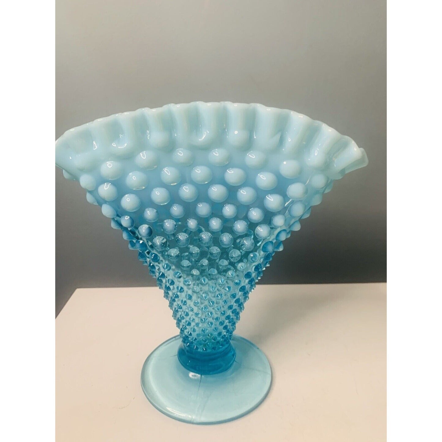 Fenton Blue Opalescent Glass Hobnail Large Fan Vase 8" Tall Vintage