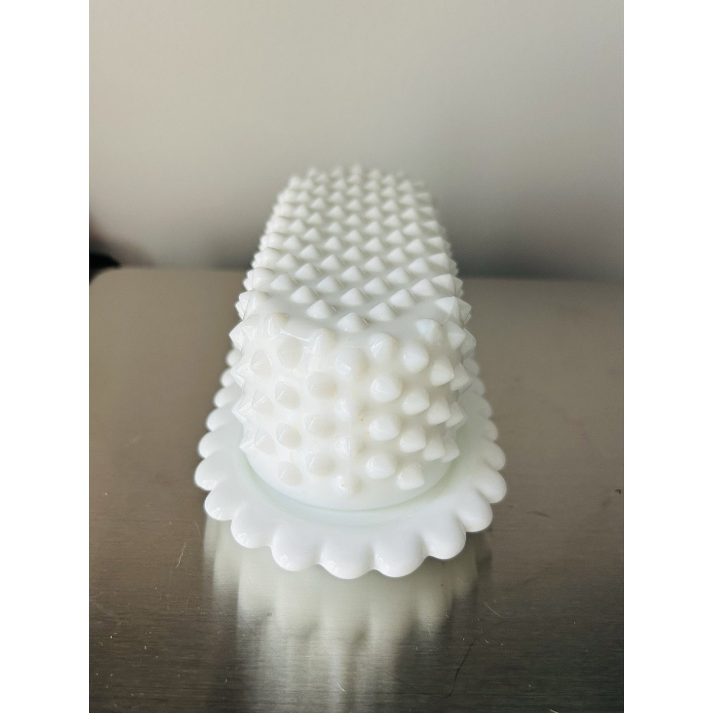 Vintage Fenton Covered Butter Dish Milk Glass English Hobnail Scalloped Edge