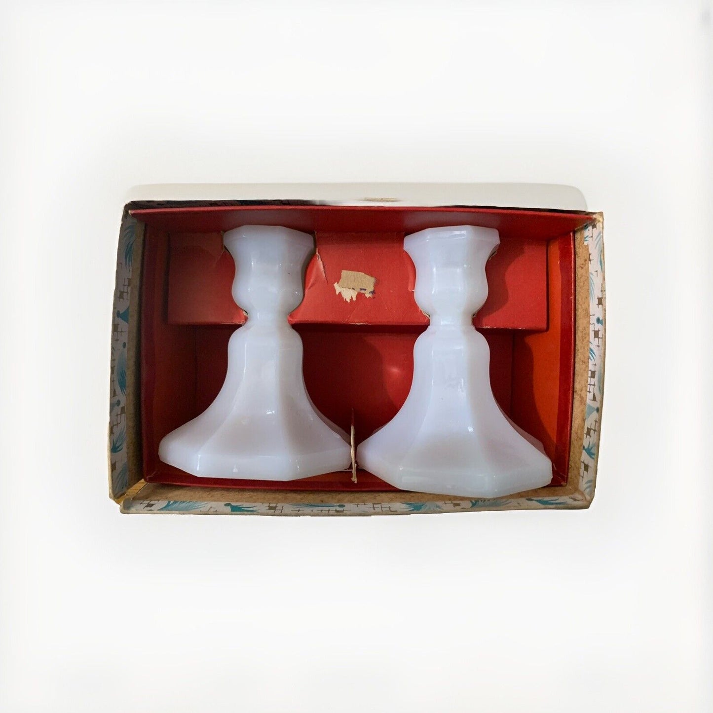 Vintage Milk Glass Candle Holder Set Original Box 4.75” X 3.5” MCM