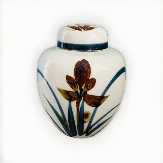 Vintage Ceramic Ginger Jar Lid Hand Painted Oriental Collection Japan Lily Urn