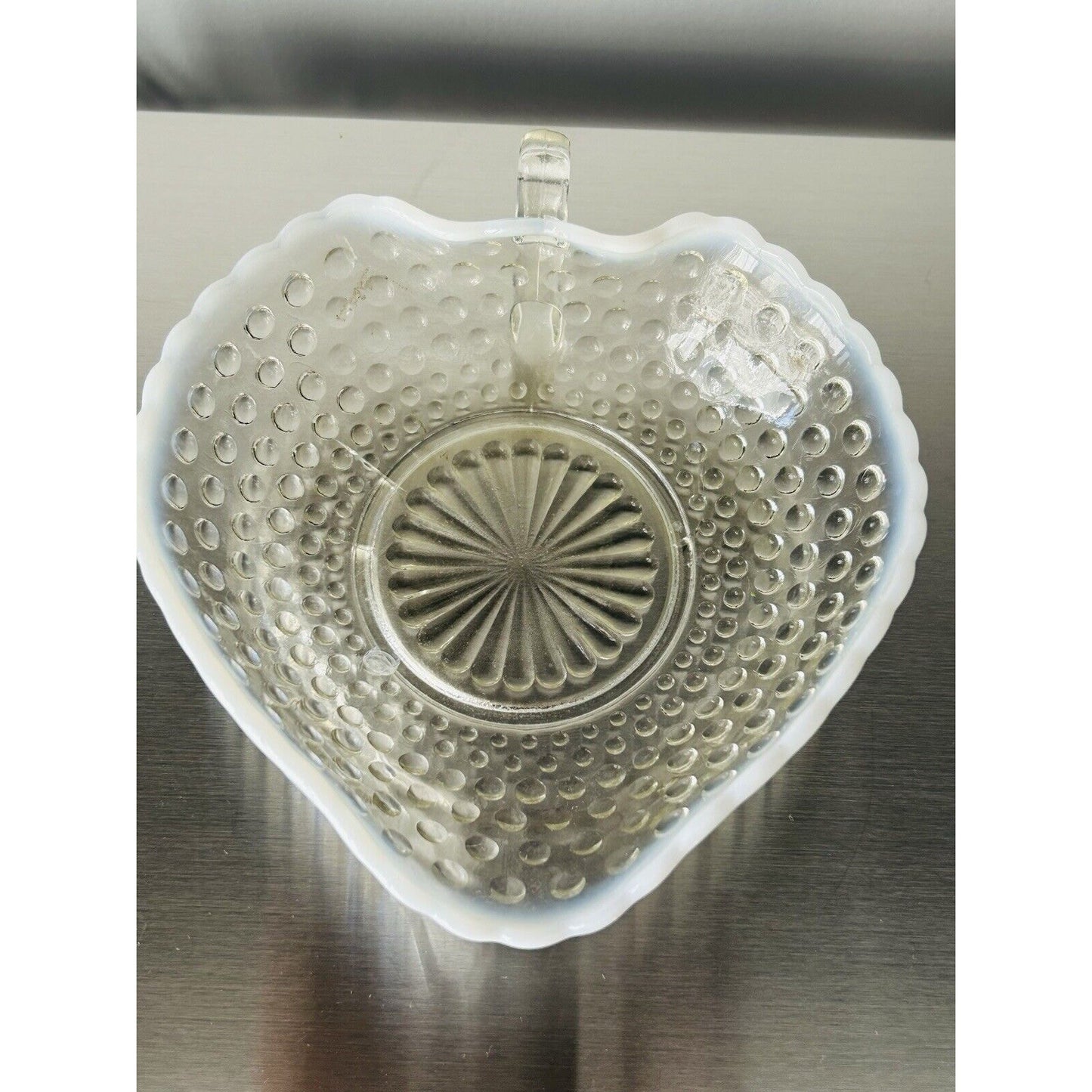 Heart Serving Dish Anchor Hocking Moonstone Opalescent Hobnail Ruffle Rim Handle