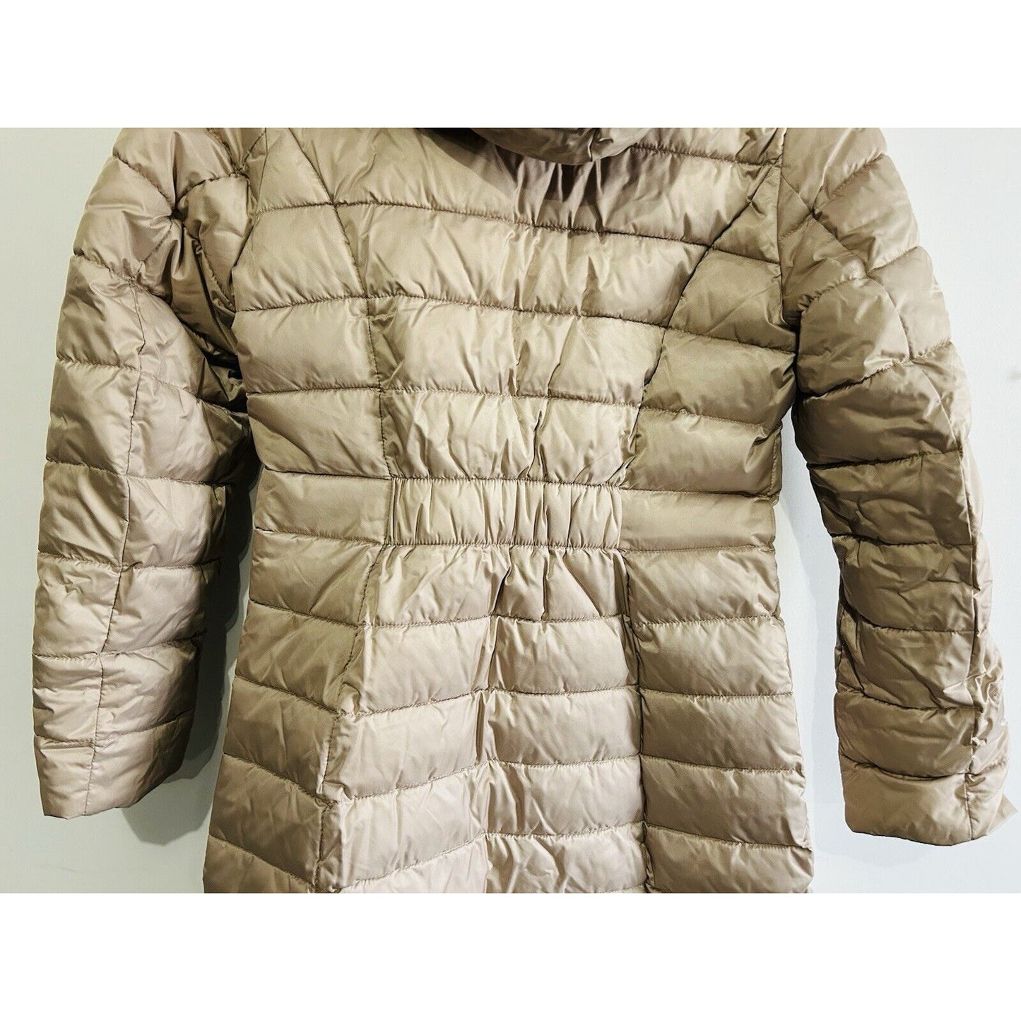 Liz Claiborne Puffer Jacket Long Coat Size Small (S) Tan Beige MSRP $180 Stretch