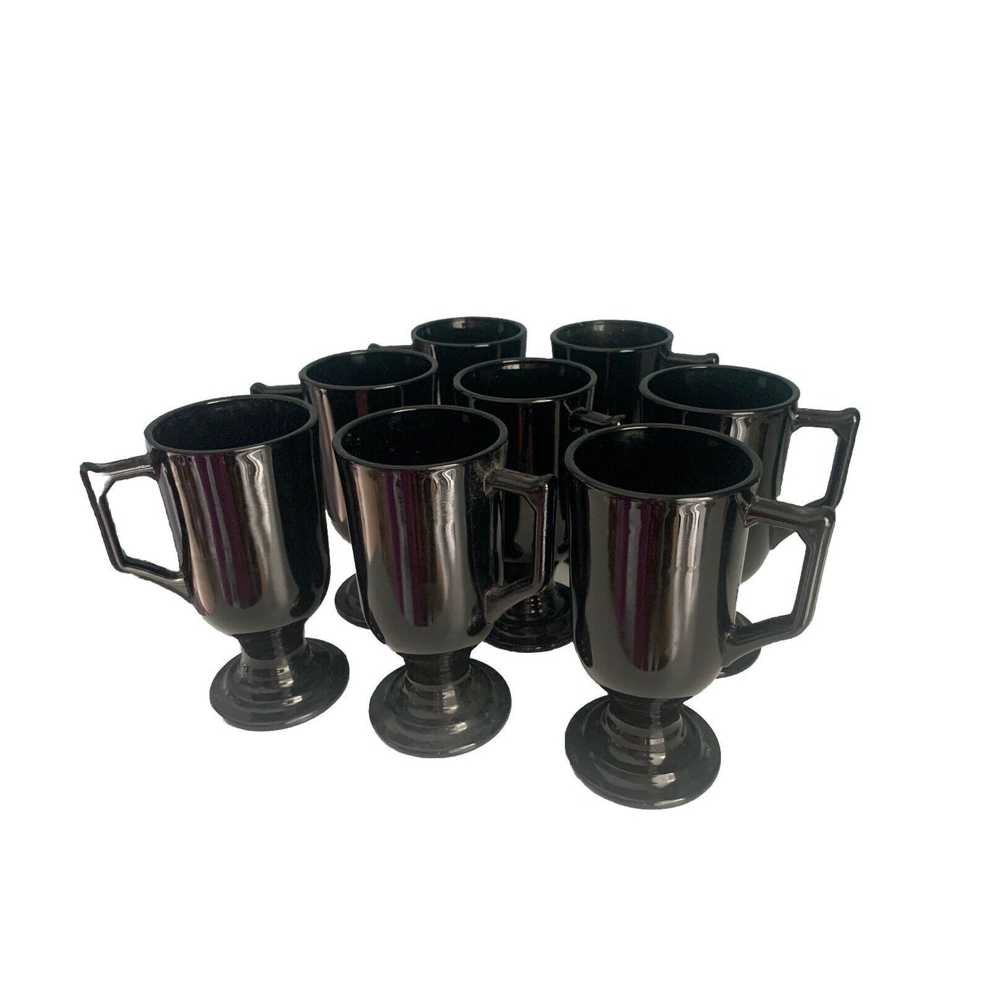 8 Vintage Black Amethyst Glass Footed Mugs Irish Coffee Cappuccino Tea Cups MCM