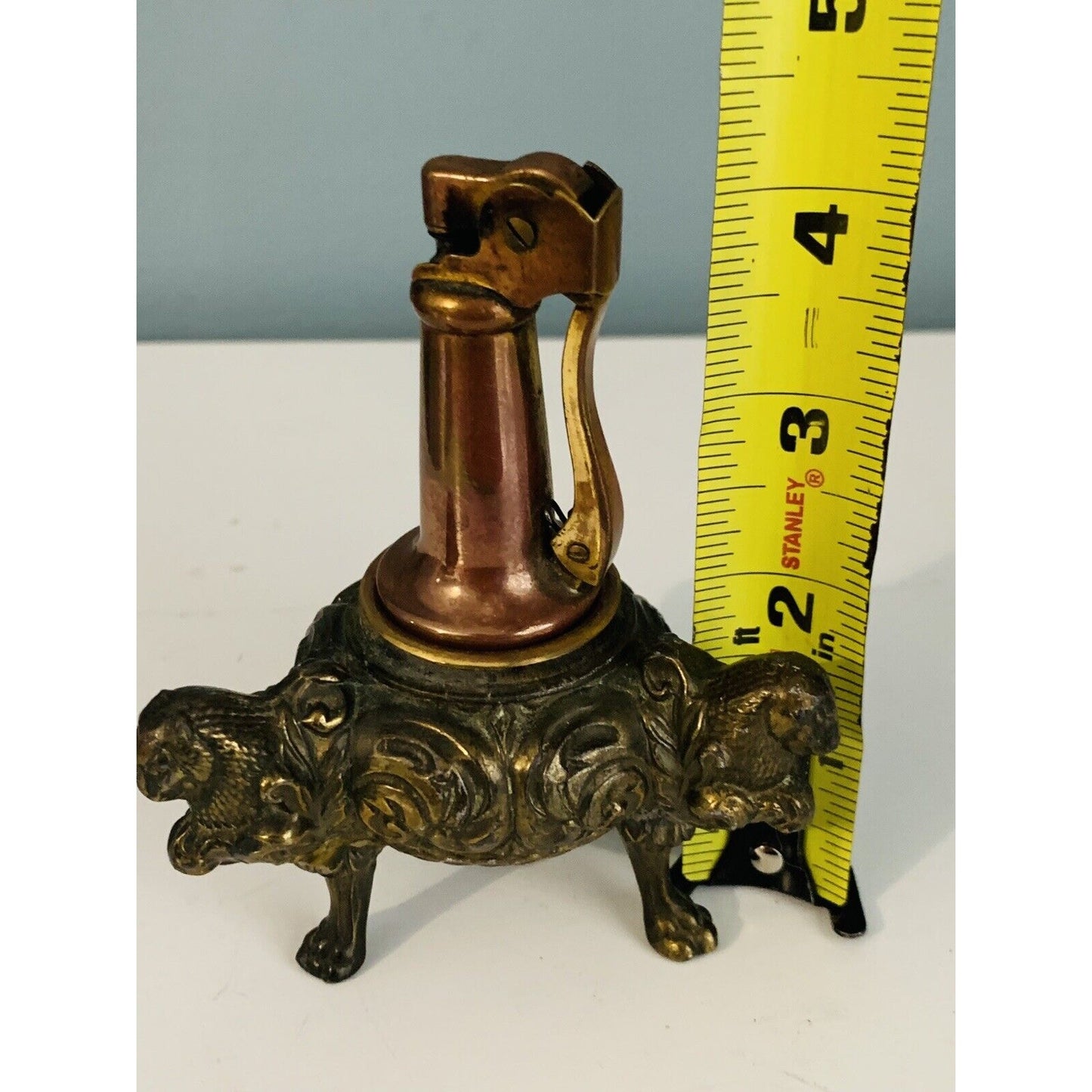 Vintage Lion Head Cigarette Lighter 3 Footed 4” Brass Bronze Tabletop Untested