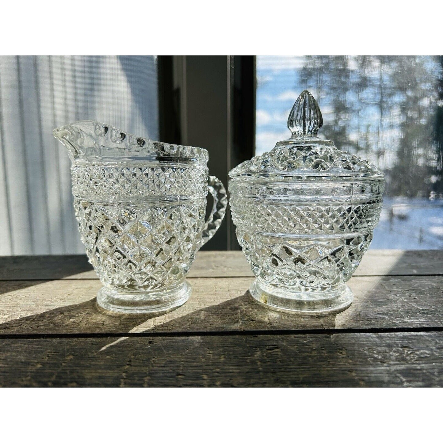 Anchor Hocking Wexford Crystal Clear Cut Glass Cream & Sugar Set Vintage