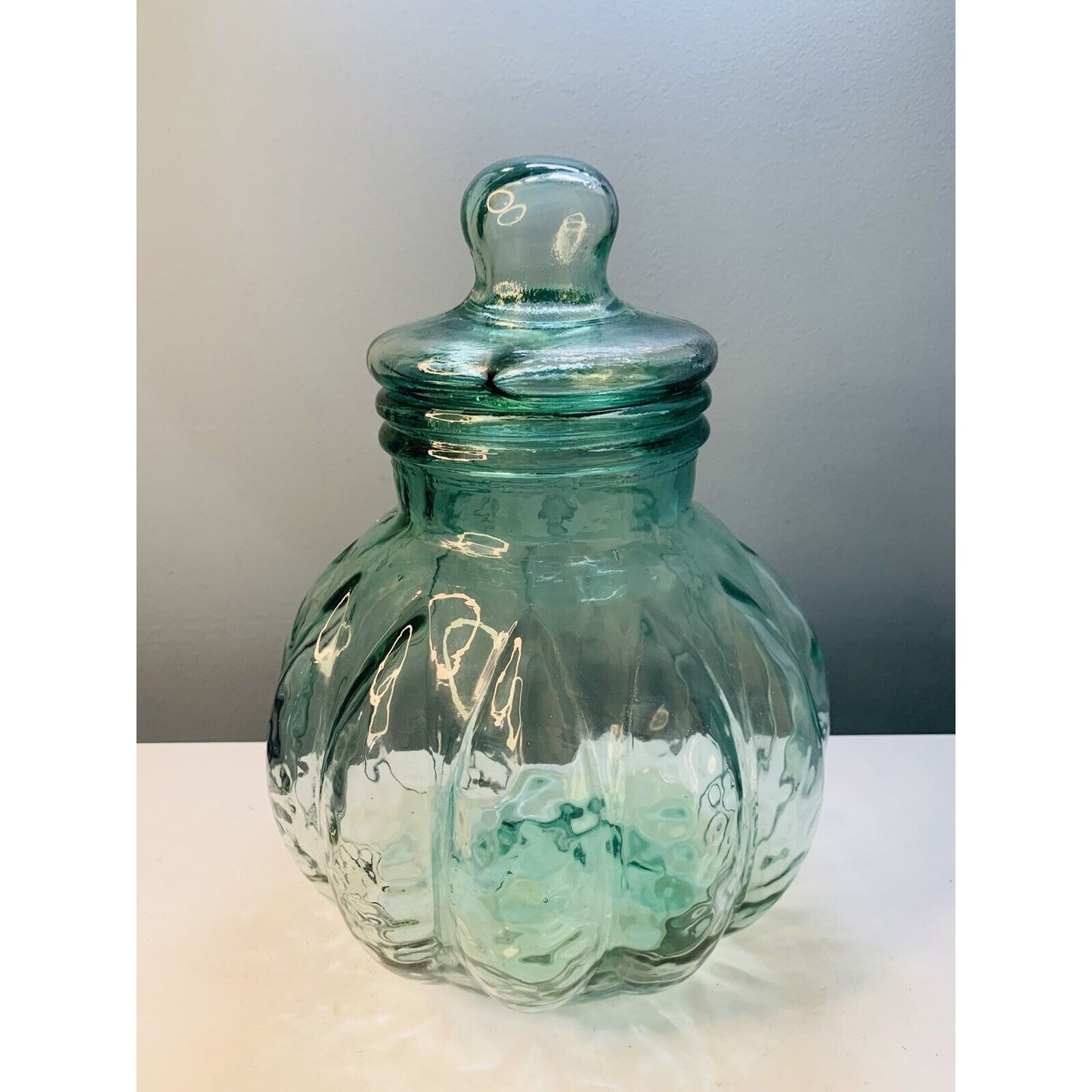 Green Glass Apothecary Jar 15” Tall Glass w/ Lid Melon Shaped Home Decor Large