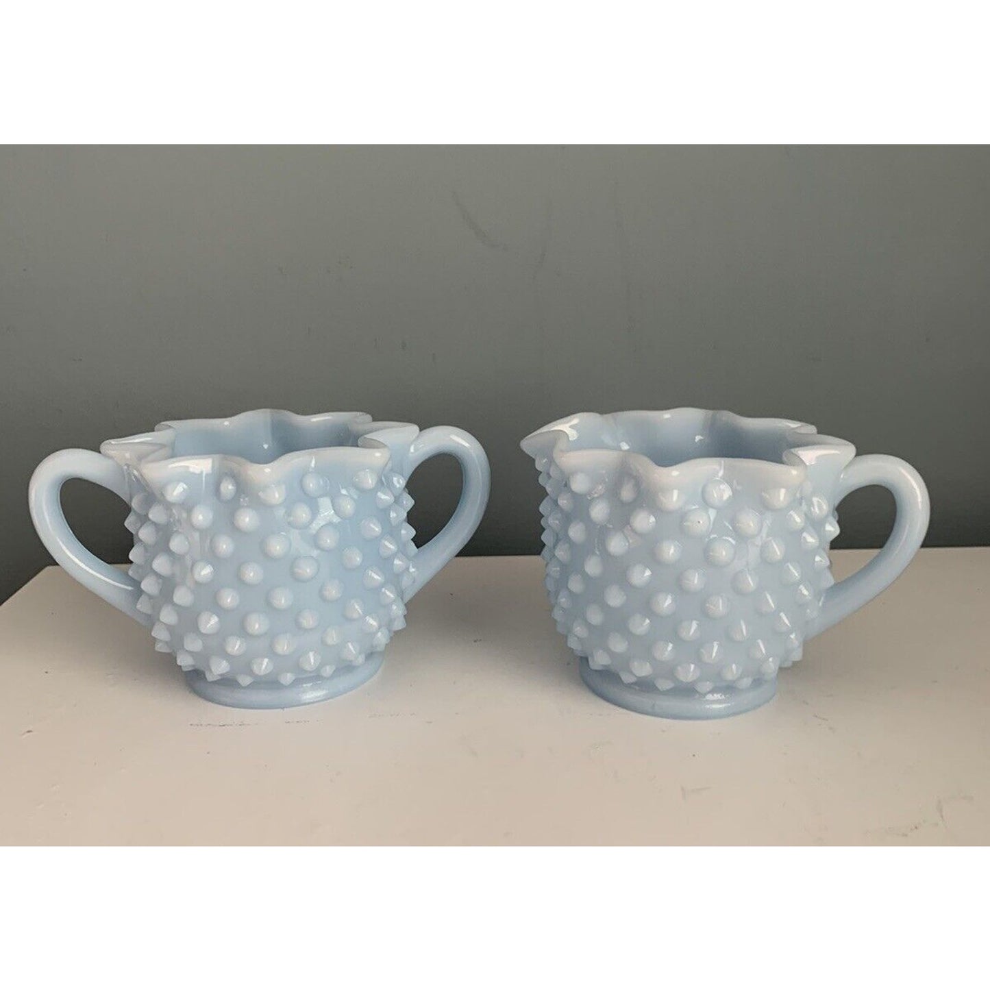 Fenton Glass Light Blue Pastel Milk Glass Hobnail Creamer Sugar Set Rare