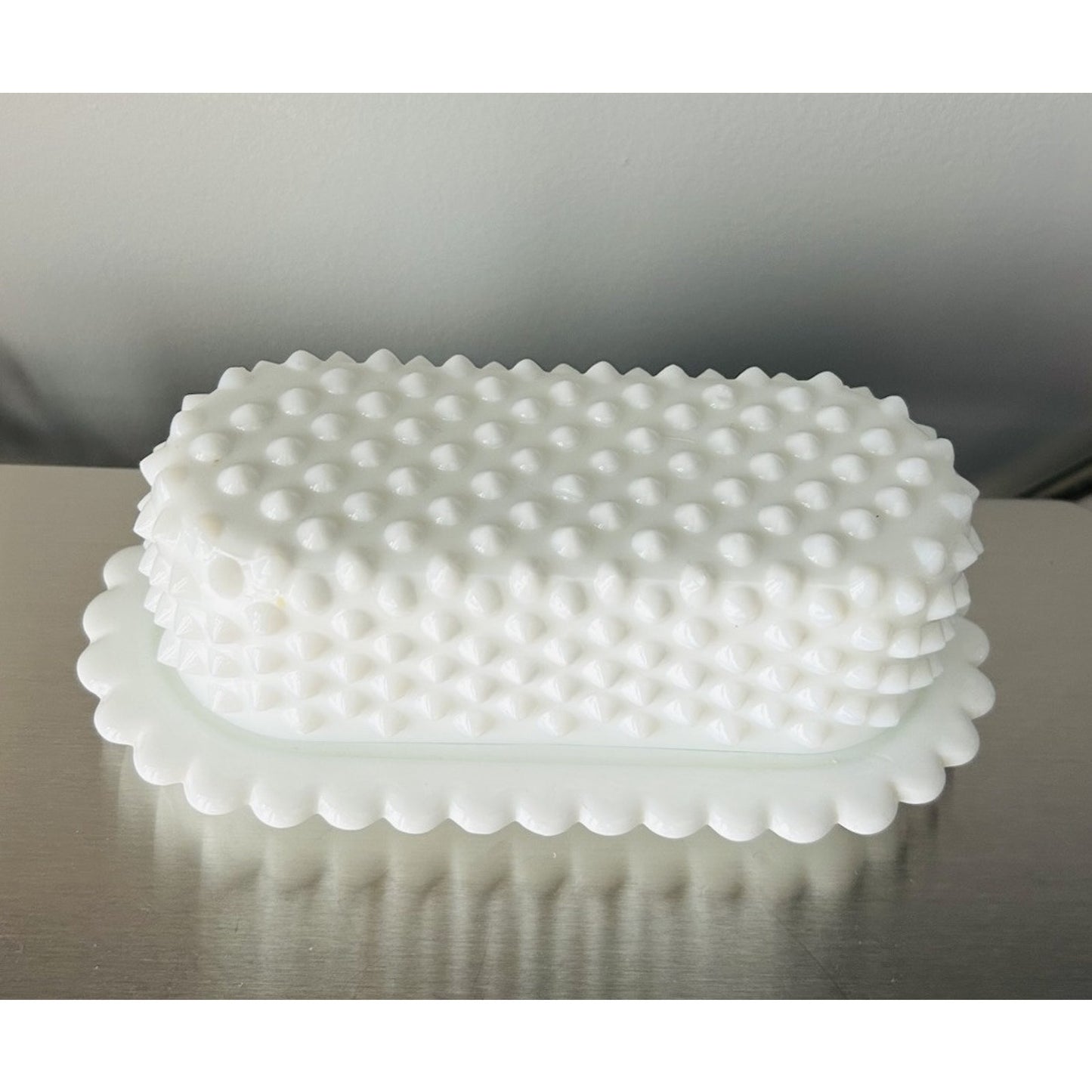 Vintage Fenton Covered Butter Dish Milk Glass English Hobnail Scalloped Edge