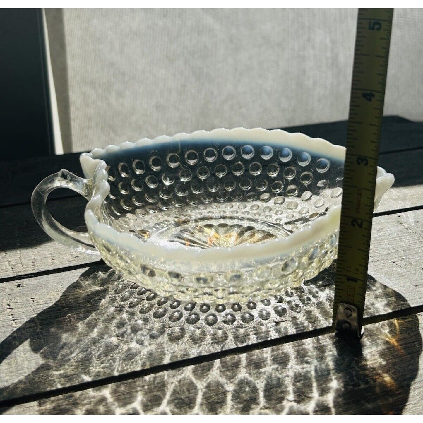 Heart Serving Dish Anchor Hocking Moonstone Opalescent Hobnail Ruffle Rim Handle