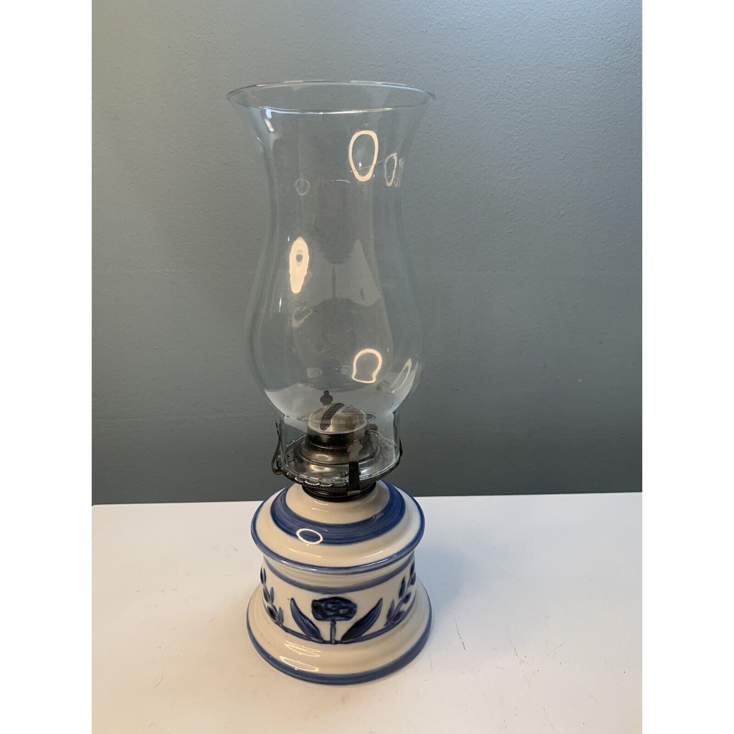 Vintage Lamplight Farms USA Ceramic Delft Style Hurricane Oil Lamp Blue Floral