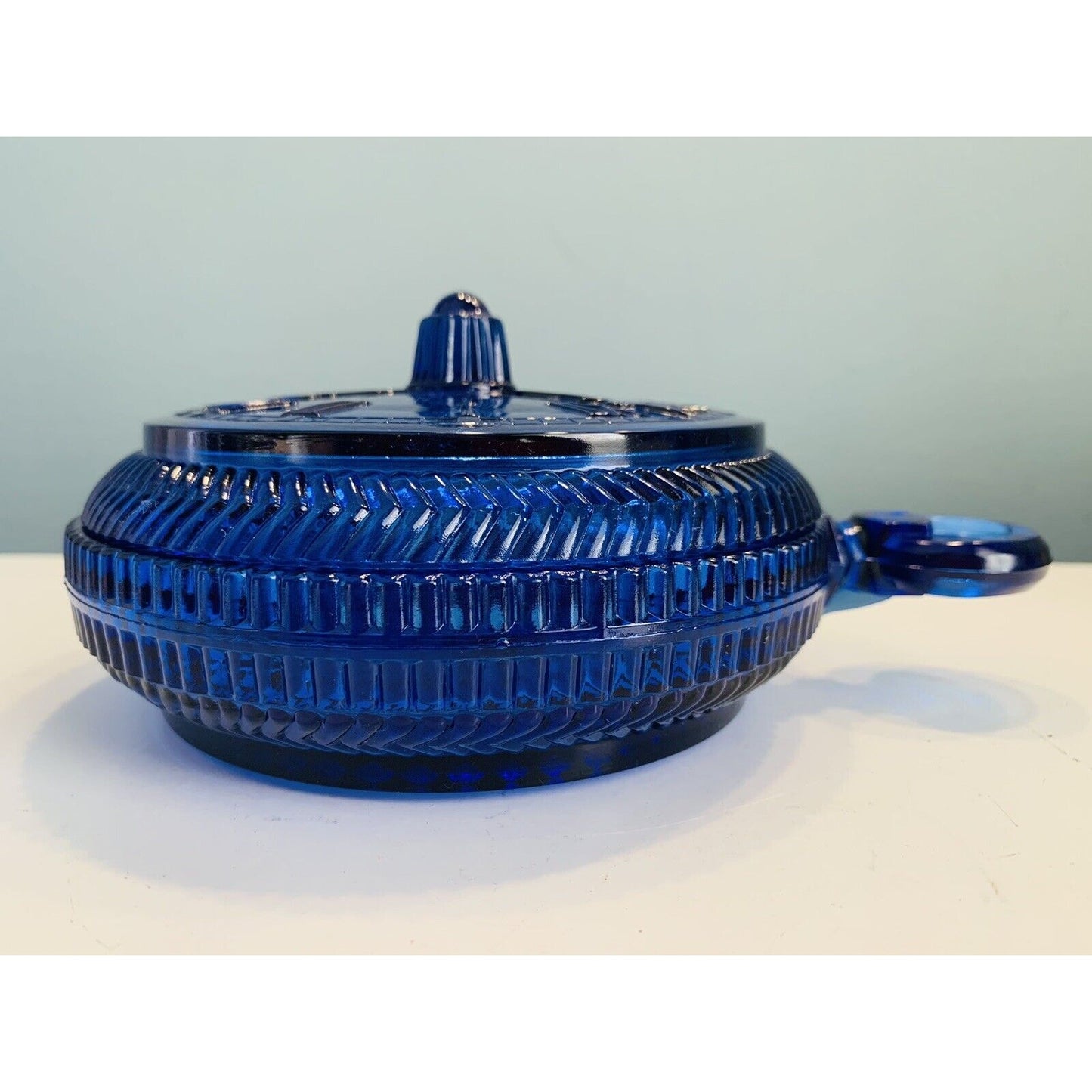 Imperial Glass Cobalt Blue Pocket Watch Lidded Candy Dish Nautical Decor Clock