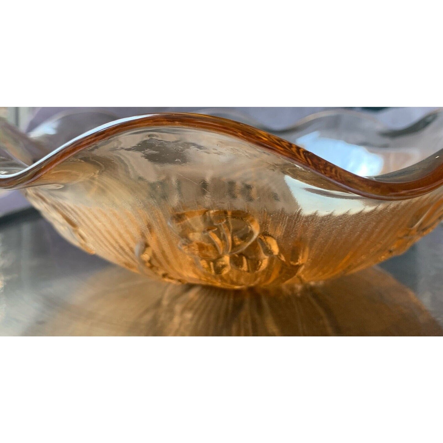 Jeannette Marigold Carnival Glass Bowl 11.5” Iridescent Iris Ruffles Vintage