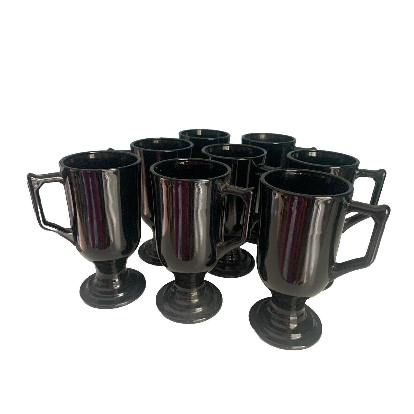 8 Vintage Black Amethyst Glass Footed Mugs Irish Coffee Cappuccino Tea Cups MCM