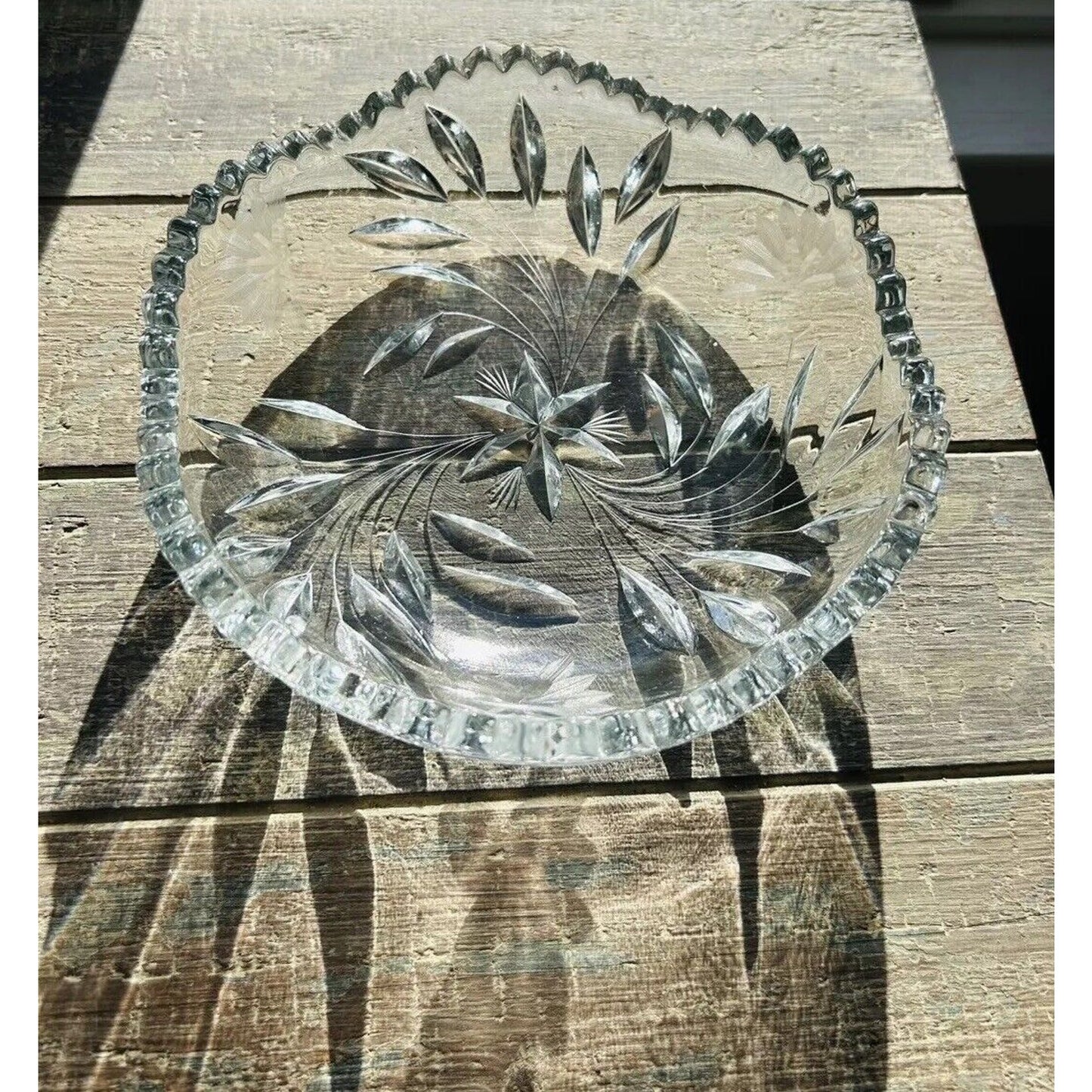 Antique Edwardian Crystal Etched Clear Cut Glass Bowl Dish Flowers 1900 - 1910s