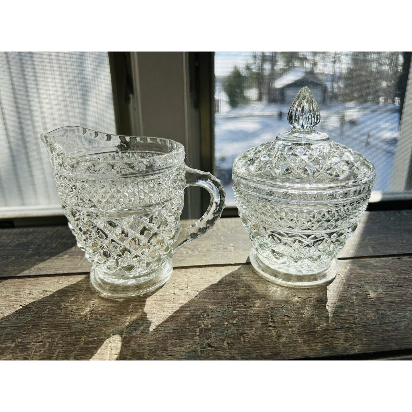 Anchor Hocking Wexford Crystal Clear Cut Glass Cream & Sugar Set Vintage