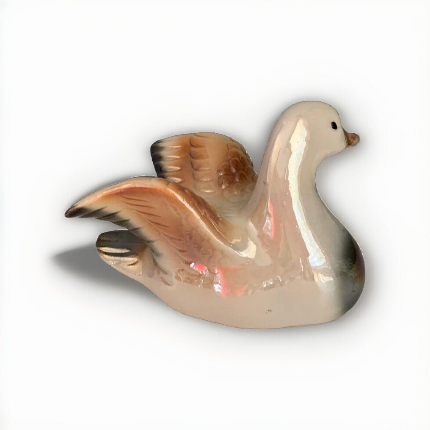 Ceramic Glazed White and Brown Duck Figure