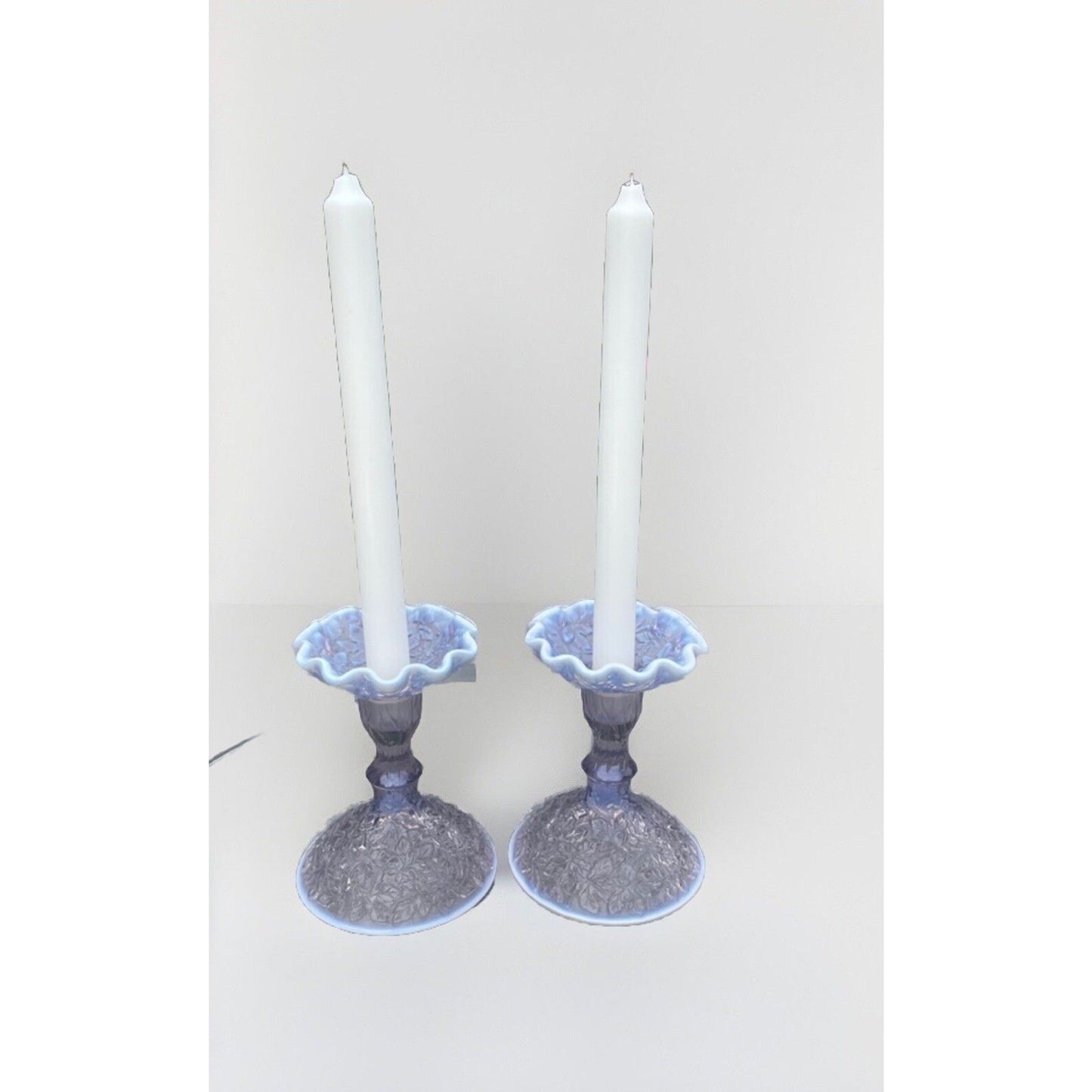 2 Westmoreland Glass Lilac Opalescent Bramble Leaf Pattern Candle Sticks Vintage