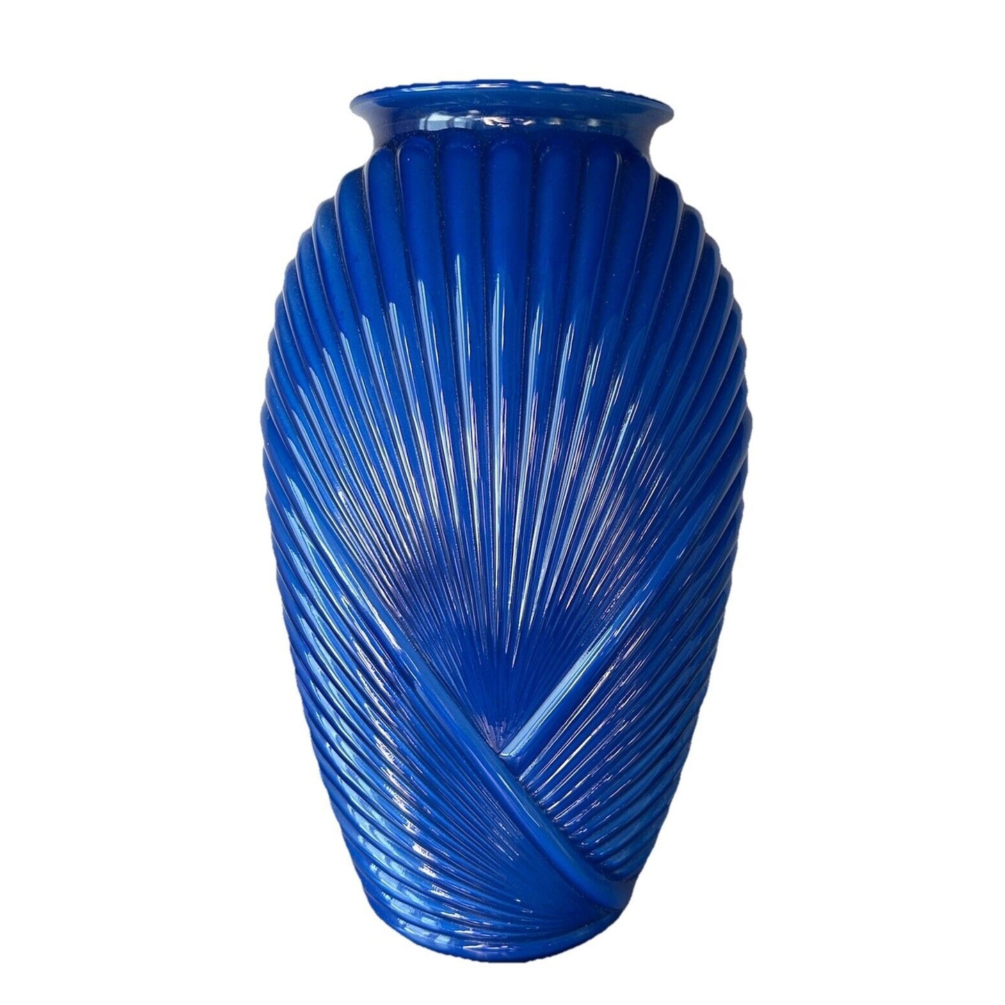 Art Deco Draped Ribbed Pleated Royal Cobalt Blue Glass Vase Vintage Iridescent