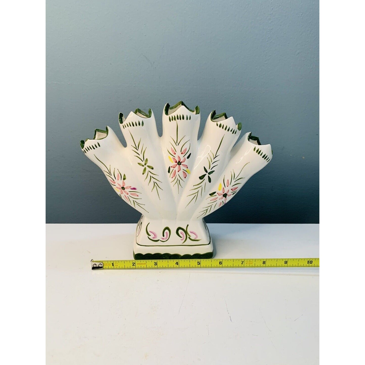 Vintage 5 Finger Hand Painted Bud Flower Vase Ceramic Green Pink Yellow Floral