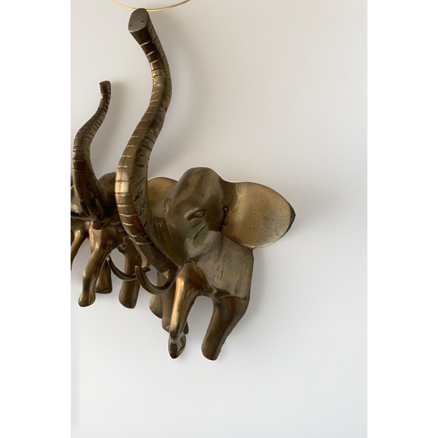 Vintage 19” 3 Elephants Trunk Up Brass Metal Wall Hanging Art Large Patina