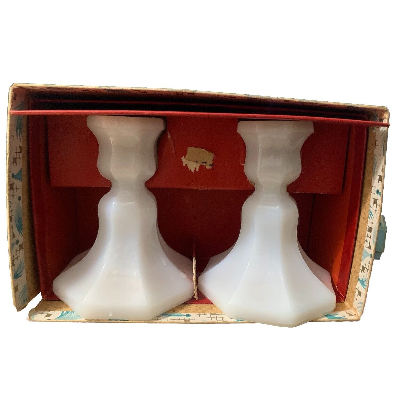 Vintage Milk Glass Candle Holder Set Original Box 4.75” X 3.5” MCM