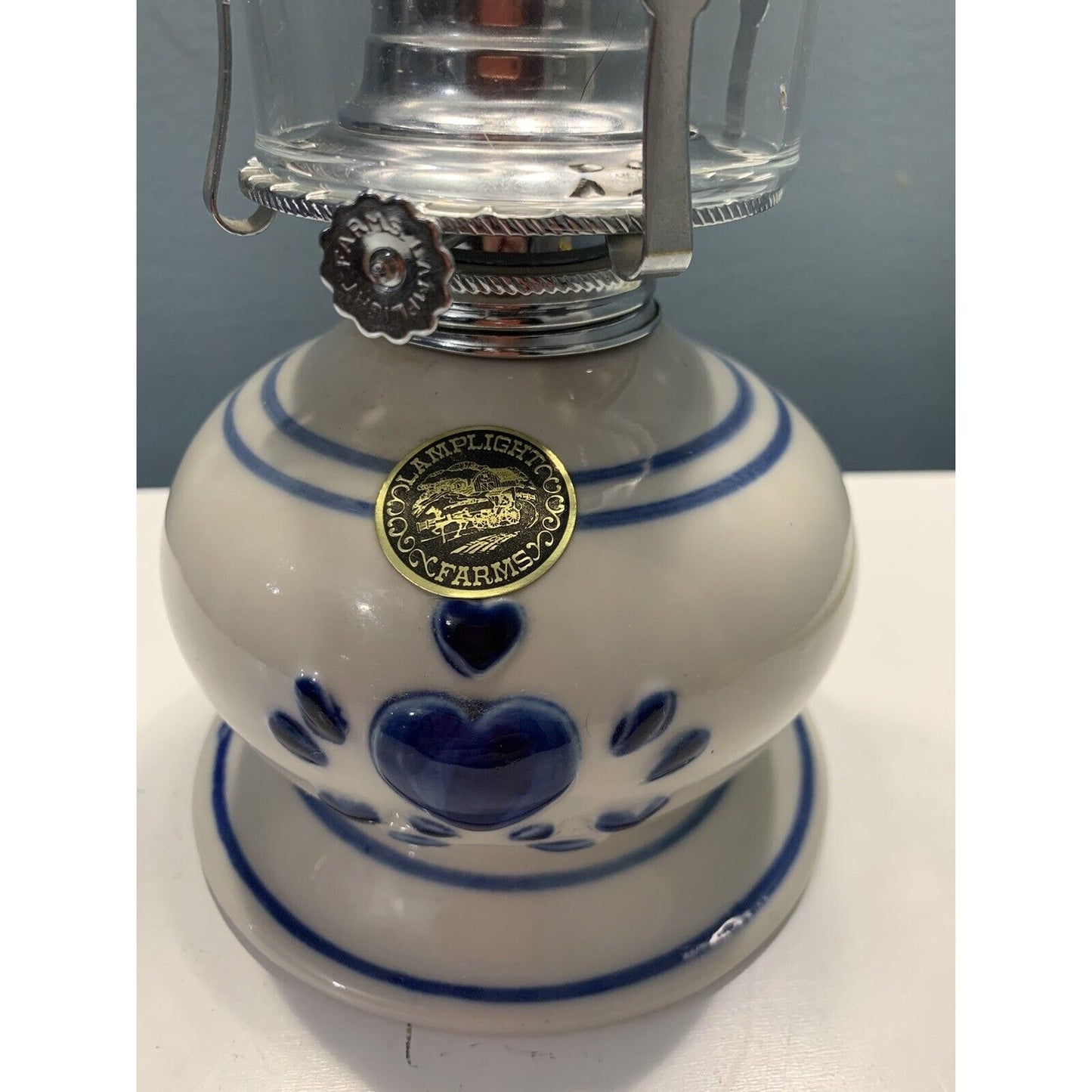 Vintage Lamplight Farms Hurricane Oil Lamp Blue White Hearts Ceramic