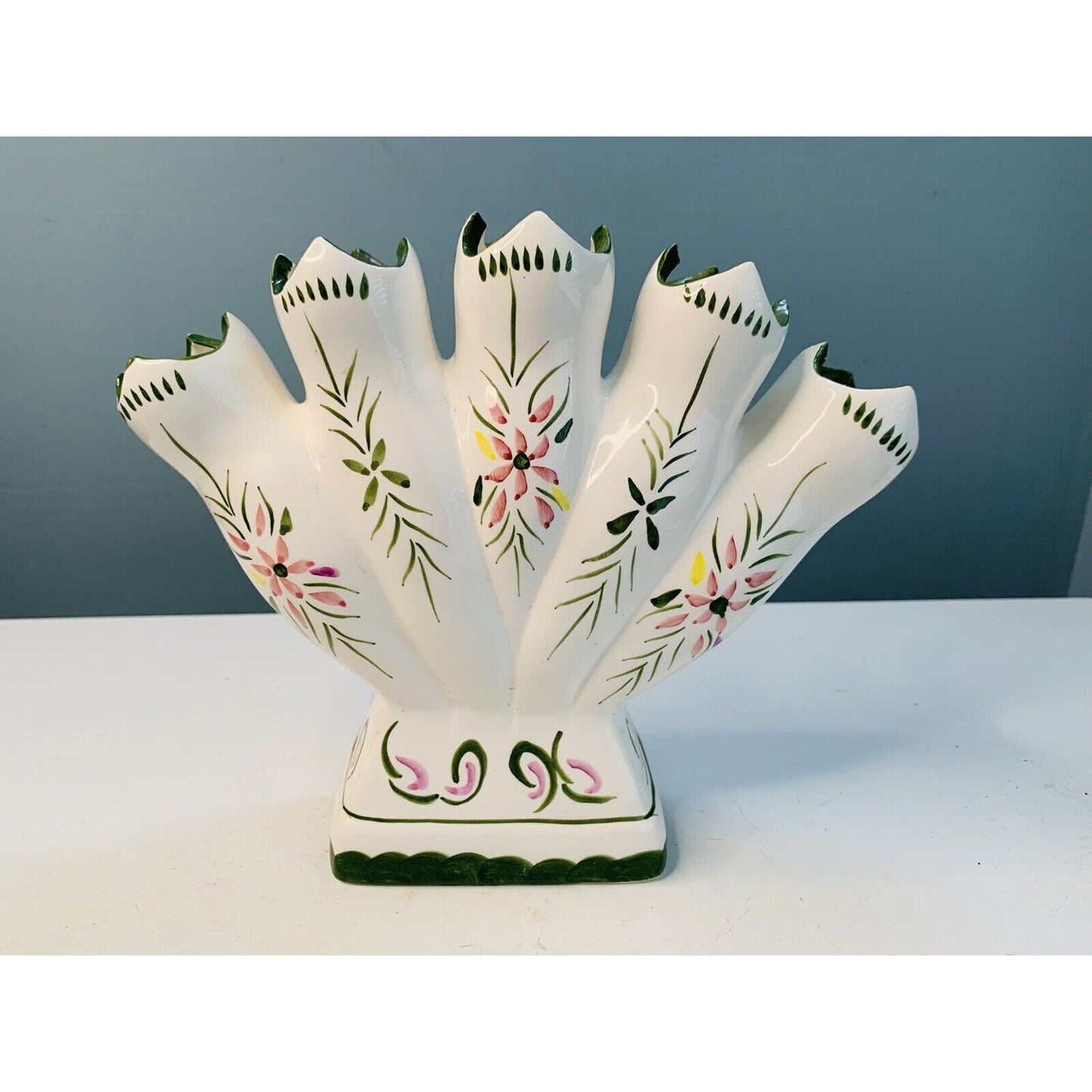 Vintage 5 Finger Hand Painted Bud Flower Vase Ceramic Green Pink Yellow Floral