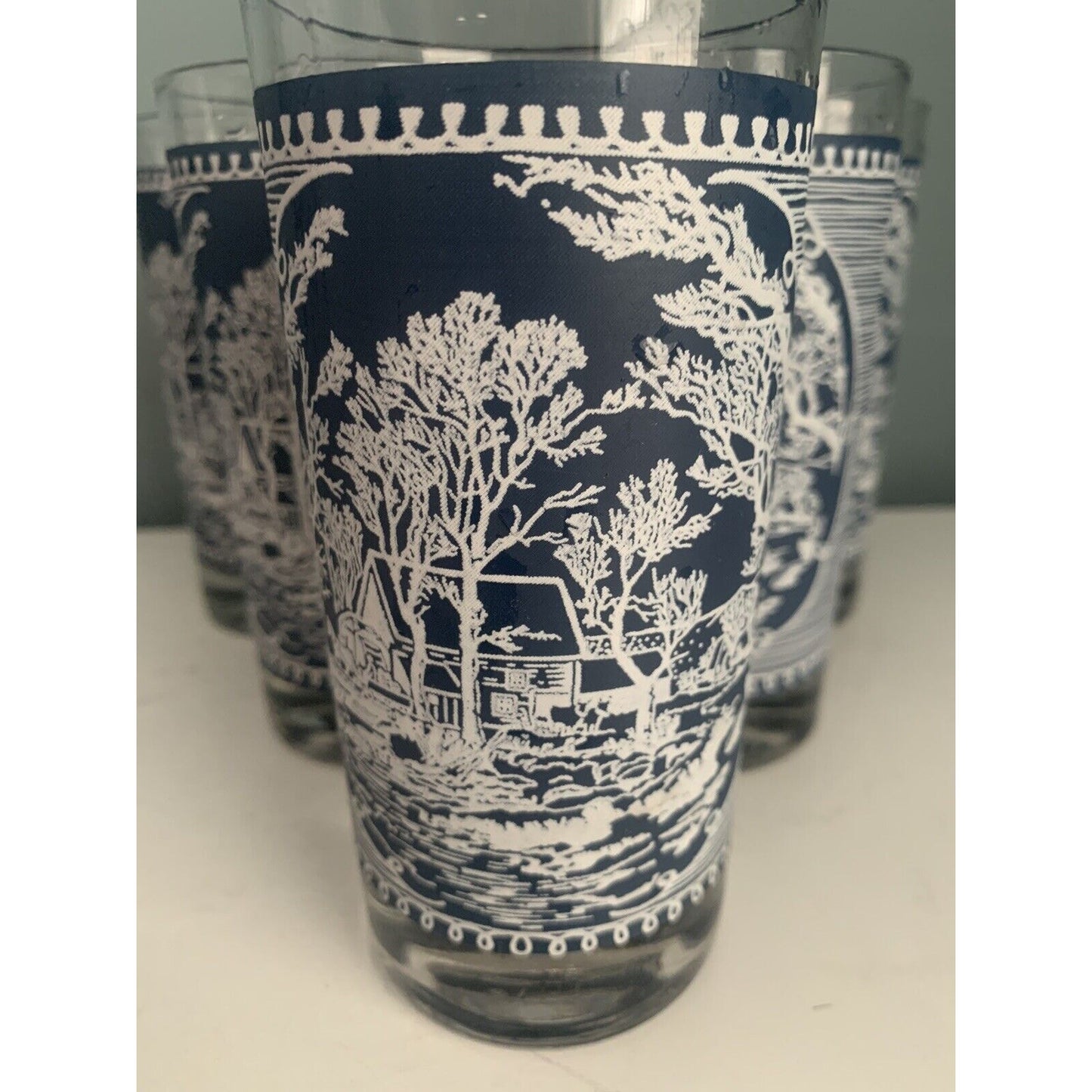 6 Currier & Ives Royal Blue 12 Oz. Tumbler Old Grist Mill Vintage Glasses USA