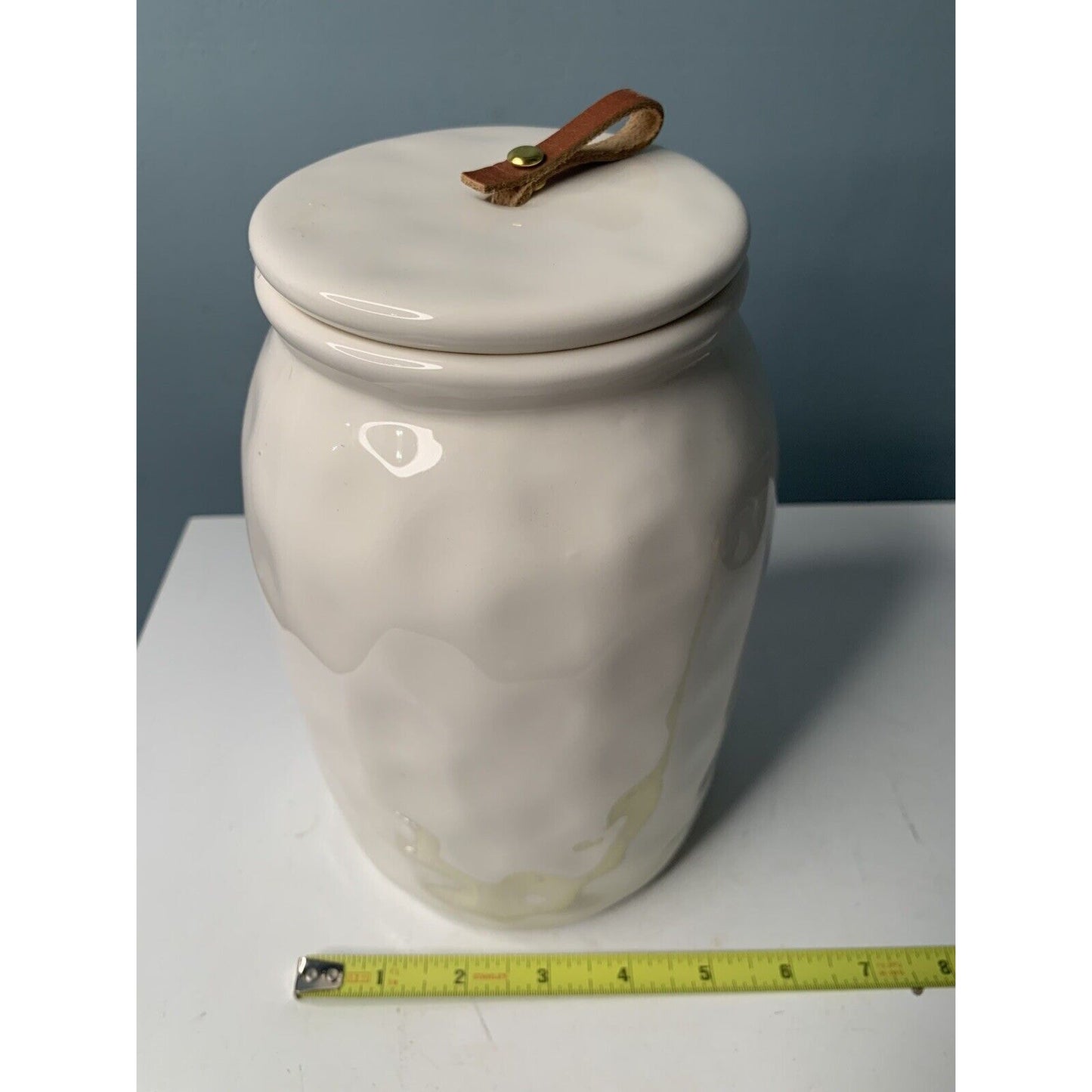 NWT Mud Pie Bistro Cookie Jar 2017 White w/ Brown Leather 9” Tall New MSRP $35