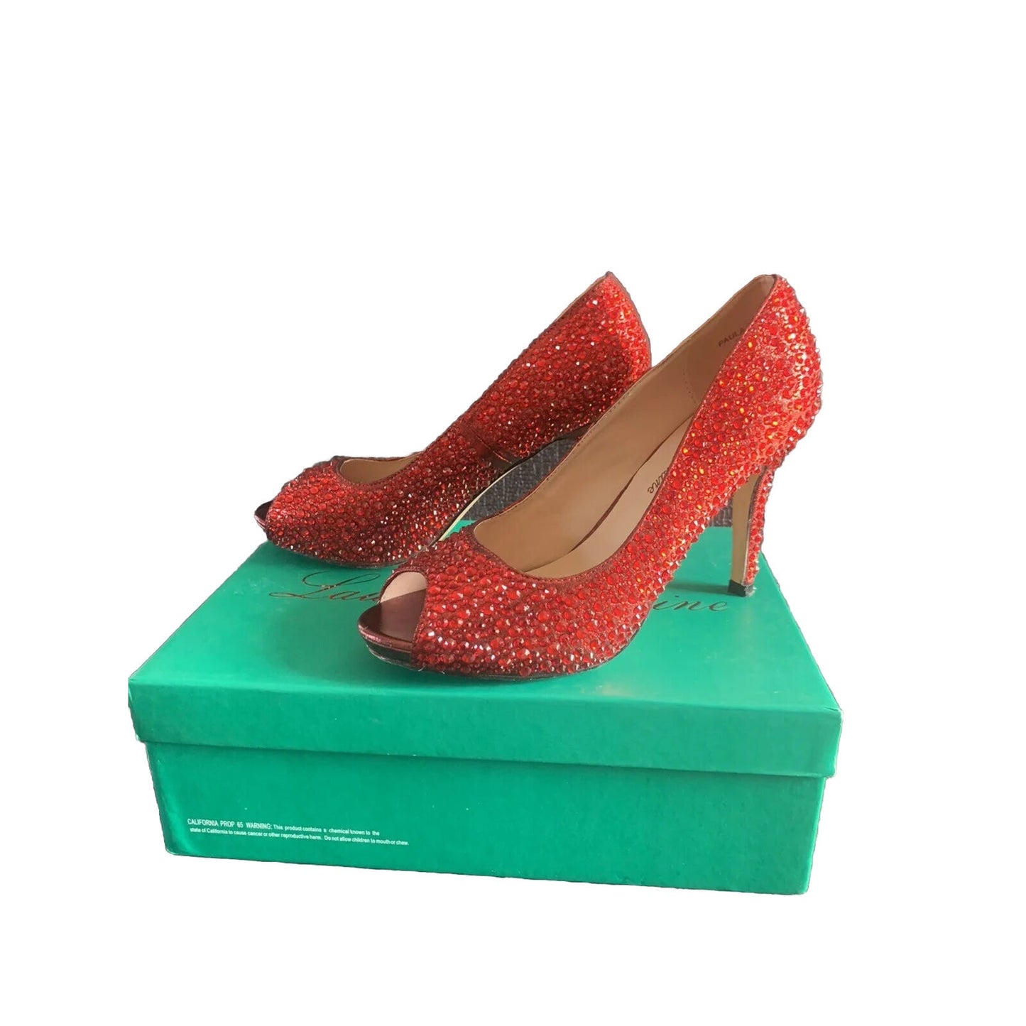 Lauren Lorraine Women's Bejewel Candy Red Heel Peep Toe Shoes Size 7