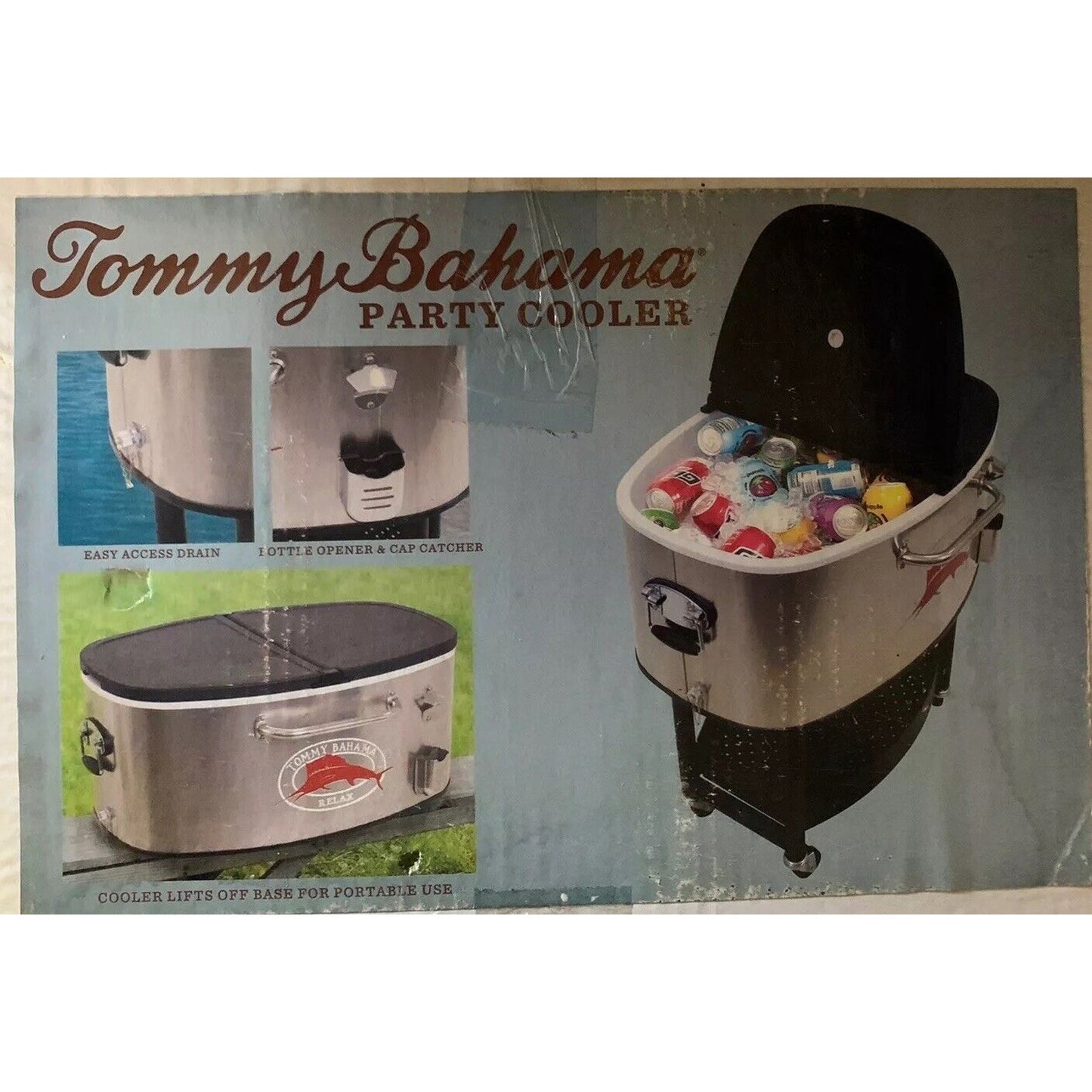 NIB Tommy Bahama Rolling Party Cooler Stainless Steel Drain Portable Cooler New