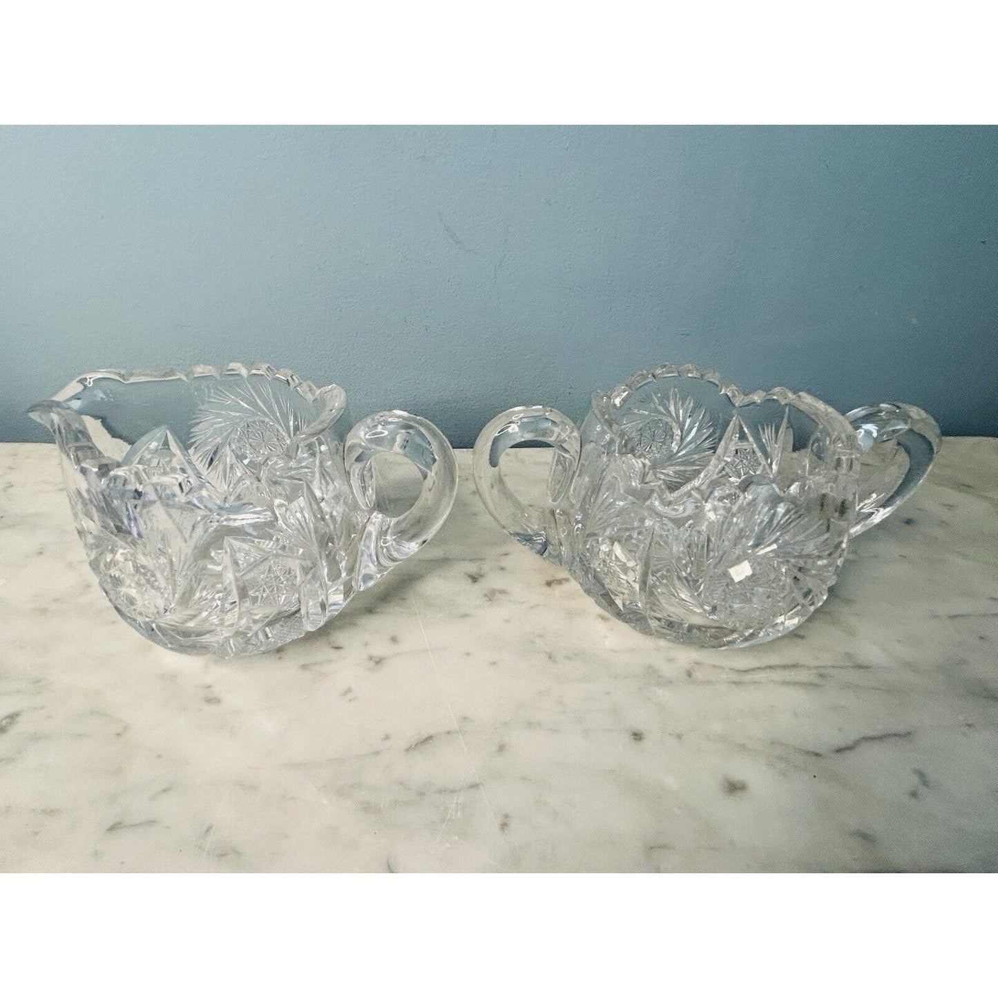 EUC American Brilliant Cut Crystal Glass Pinwheel Creamer Sugar Bowl Set ABP