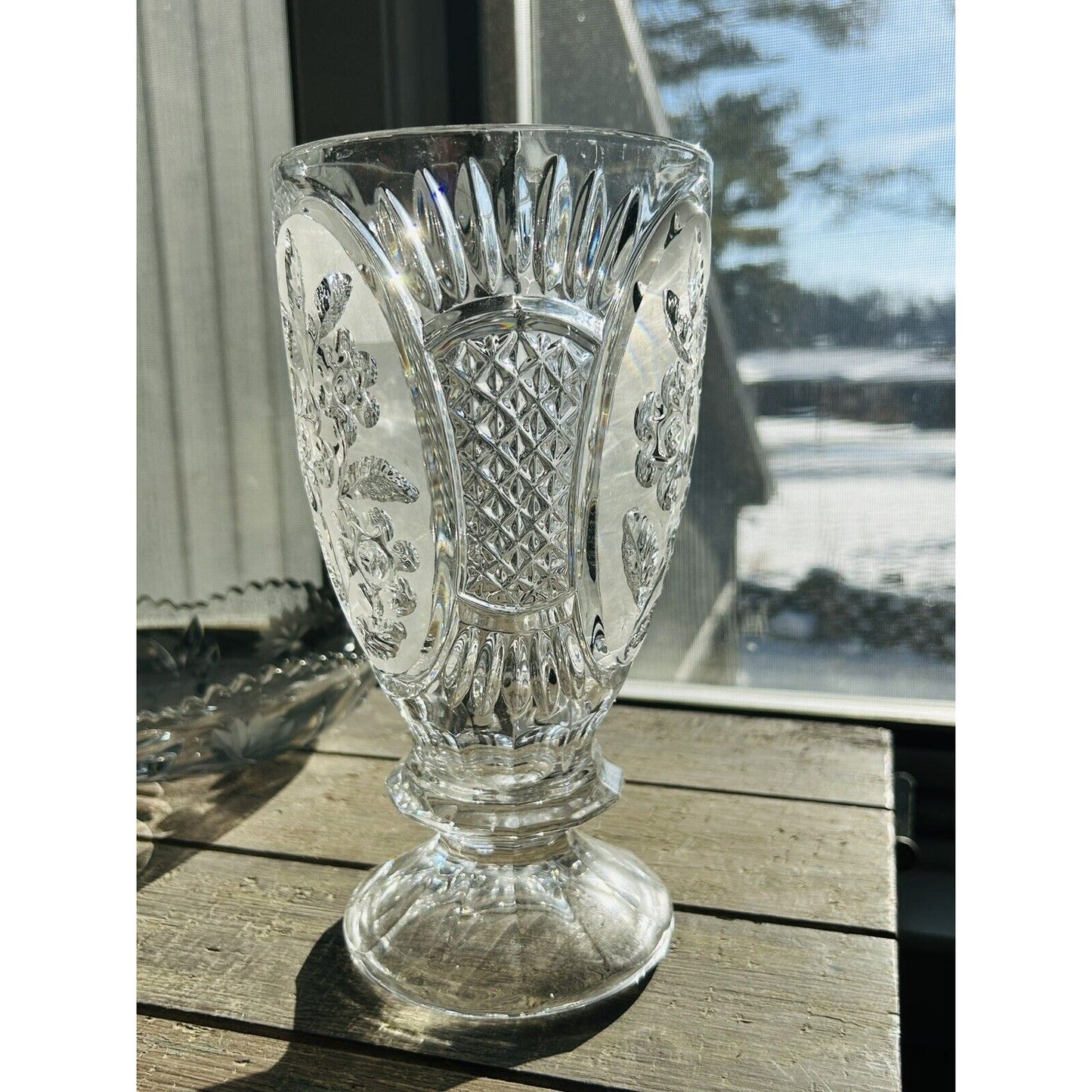 Vintage Kristal Zajecar Floral Cut Lead Crystal 10” Vase Clear Frosted Glass